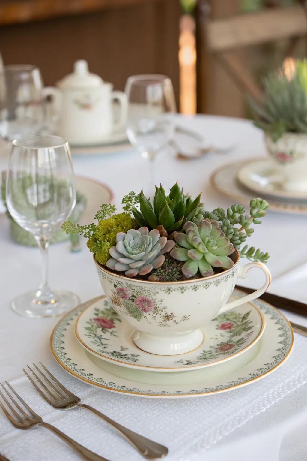 Vessels of yesteryear create nostalgia by holding delicate succulents.