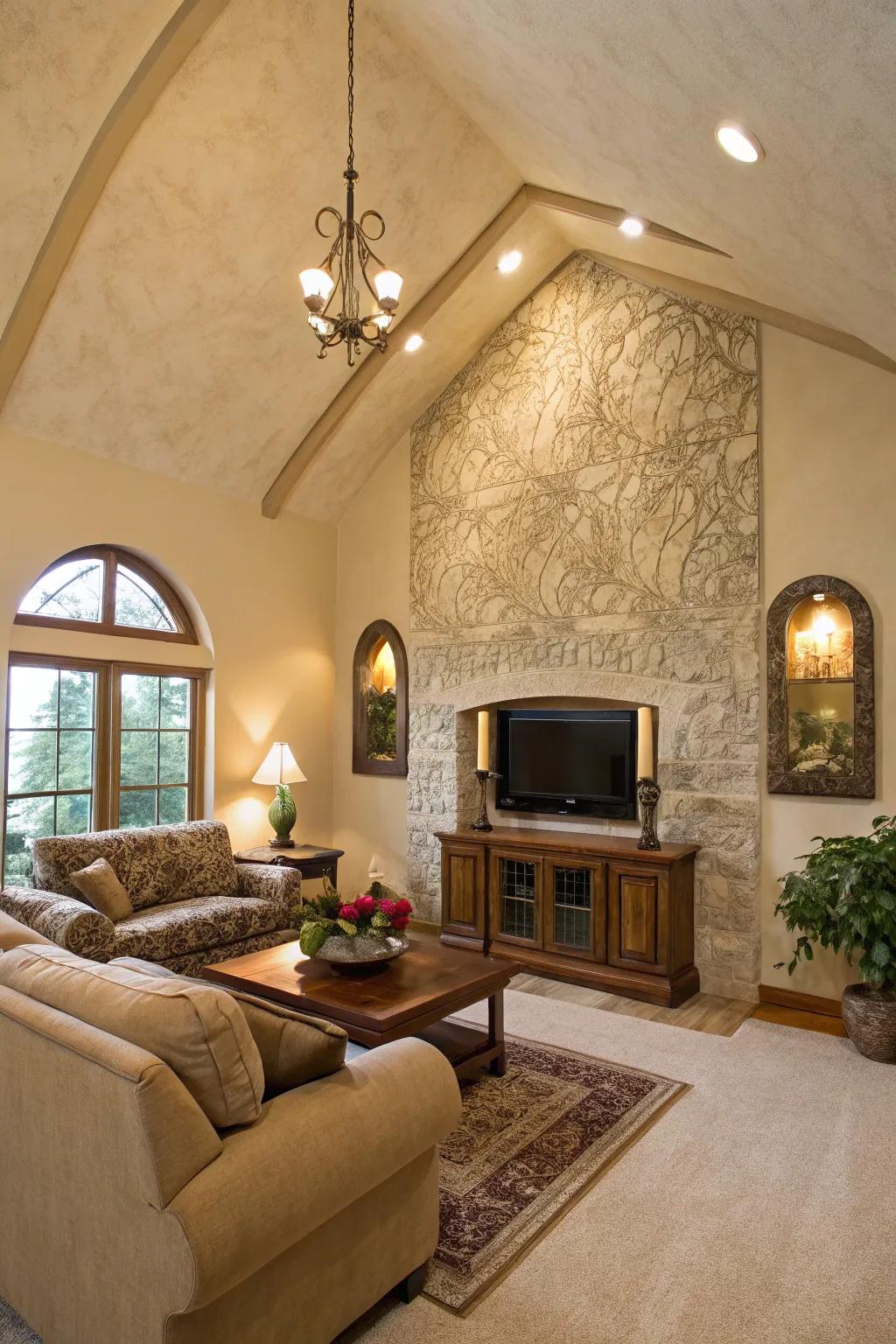 A family room showcasing a vaulted ceiling and a wall design adorned with a stucco overlay