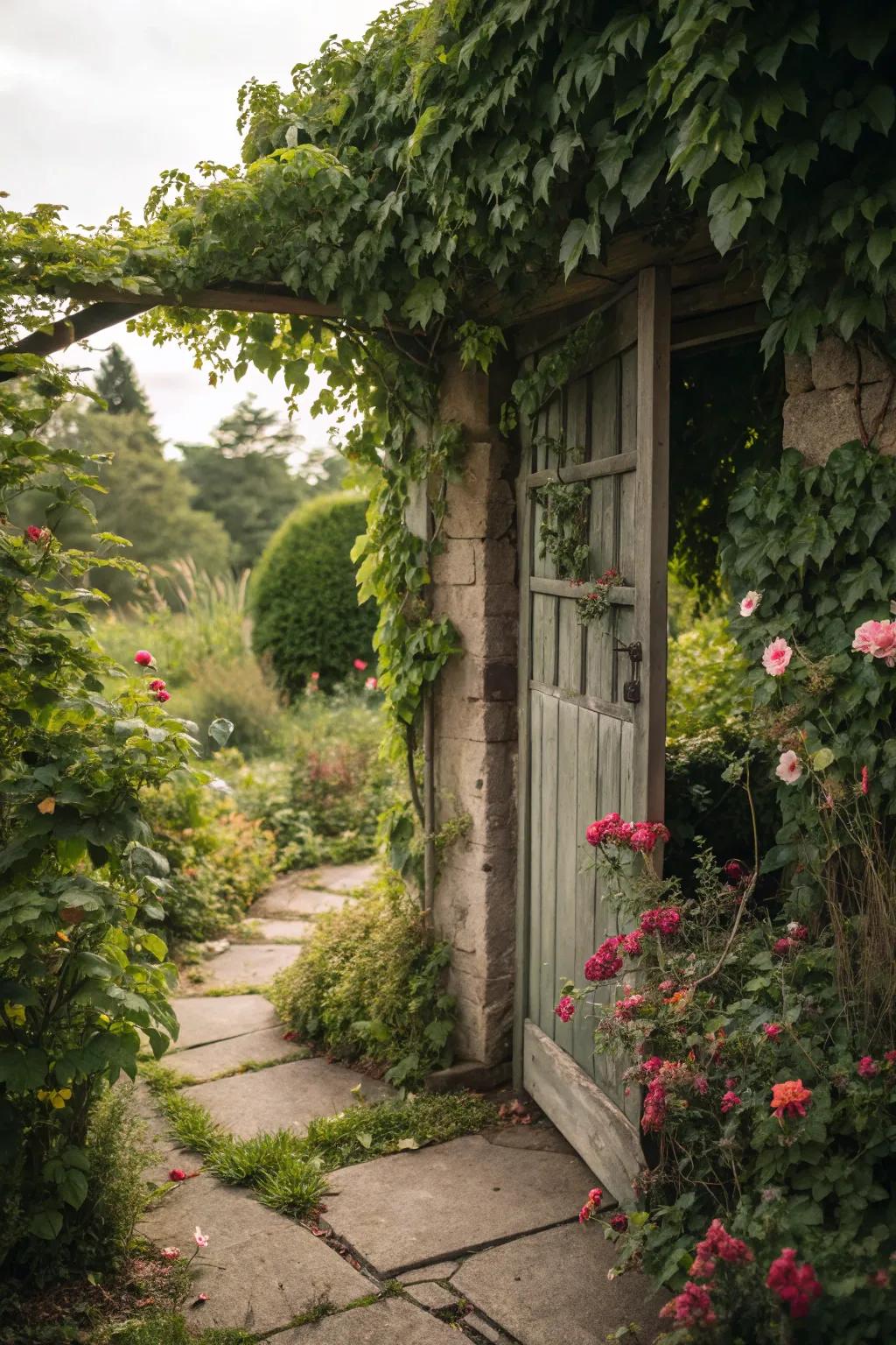 A concealed garden access inviting curiosity and exploration.