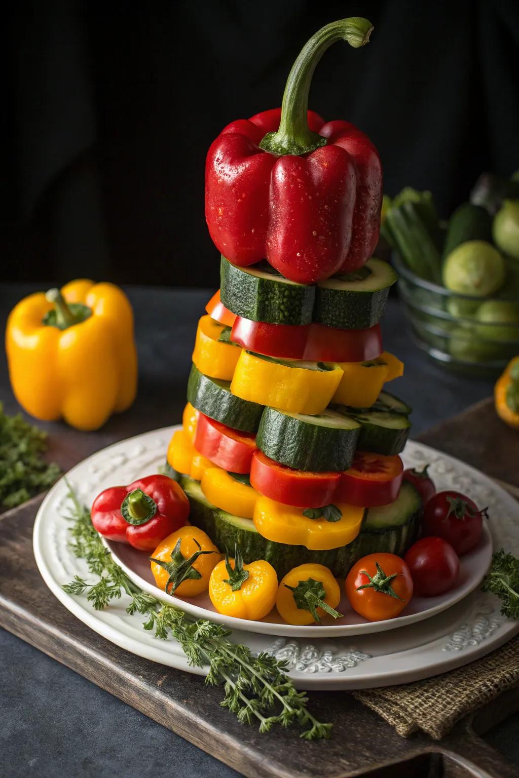 Bold vegetable tower creating a dramatic centerpiece.