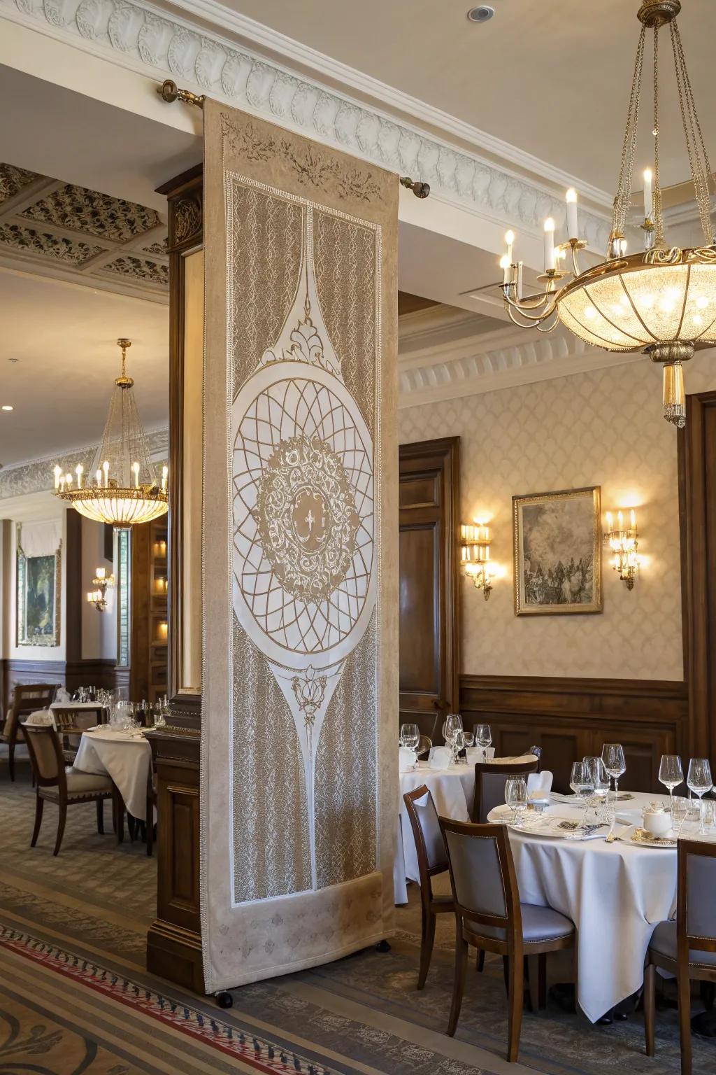 A 3D texture banner adds luxury and depth to a sophisticated dining area.