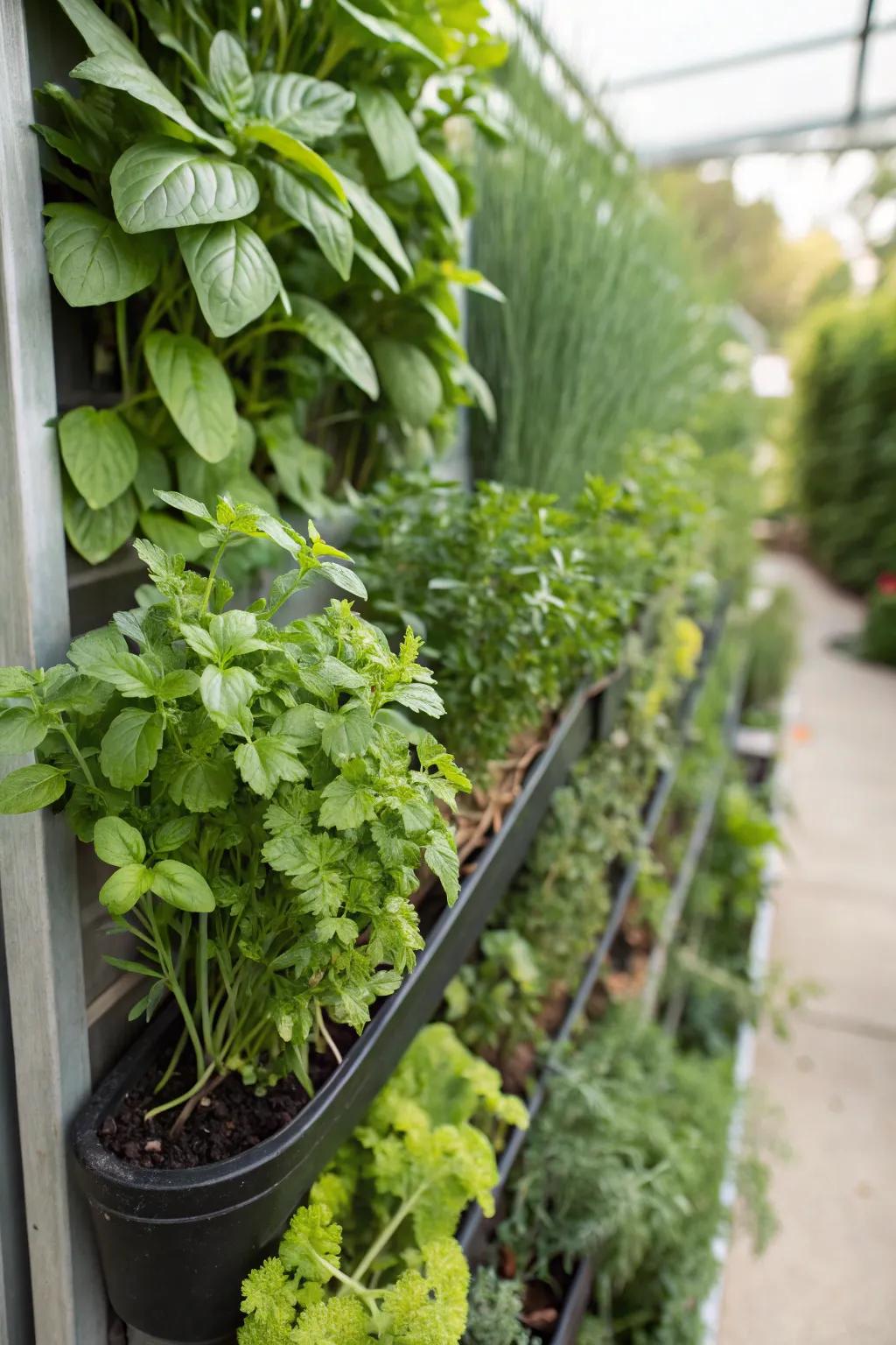 A vertical landscape puts the vibrant tastes of fresh herbs right in your reach.
