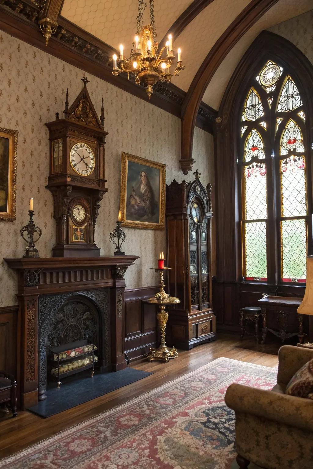 Vintage decor touches add old-world charm.