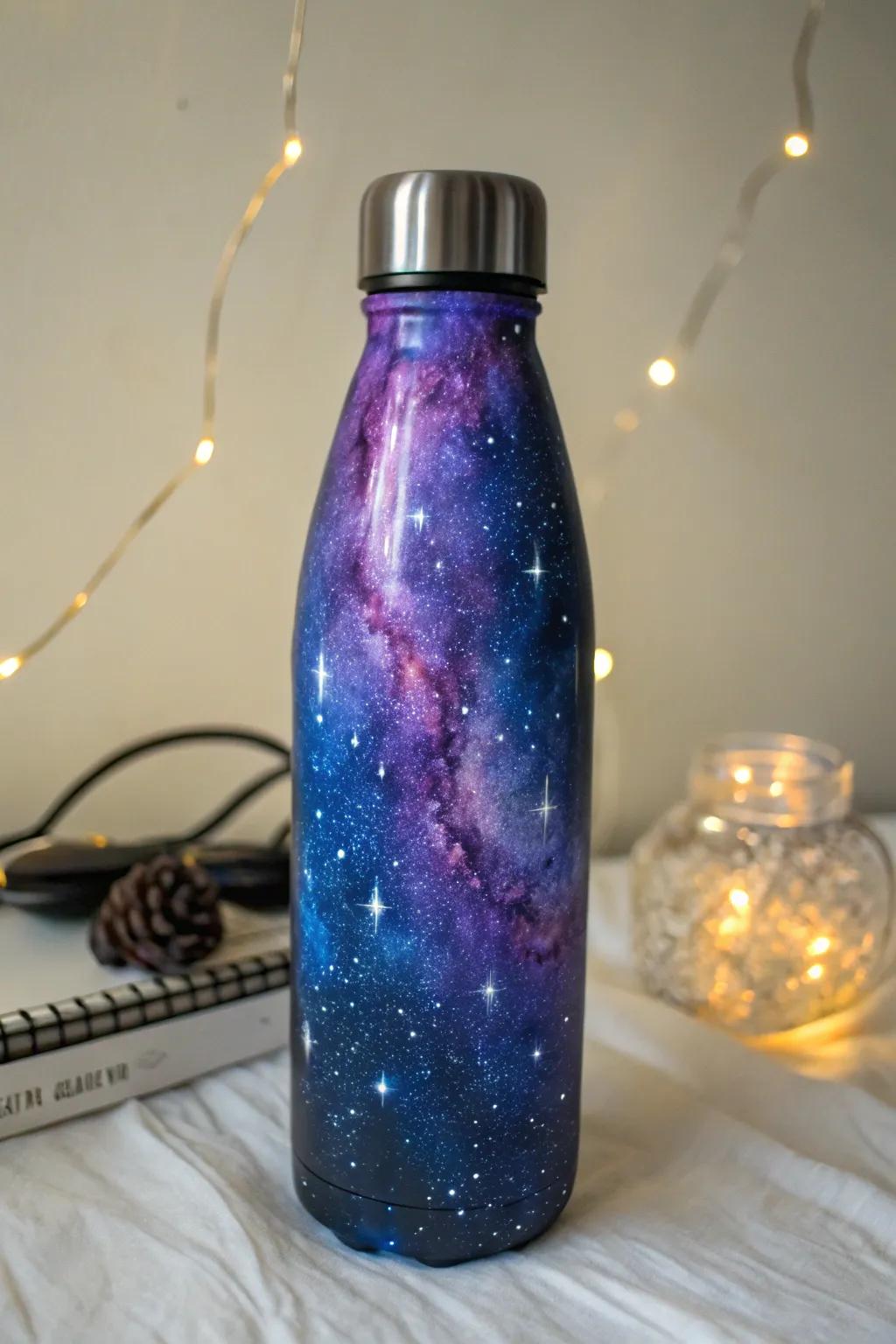An enigmatic hydration container exhibiting a stellar-inspired pattern.