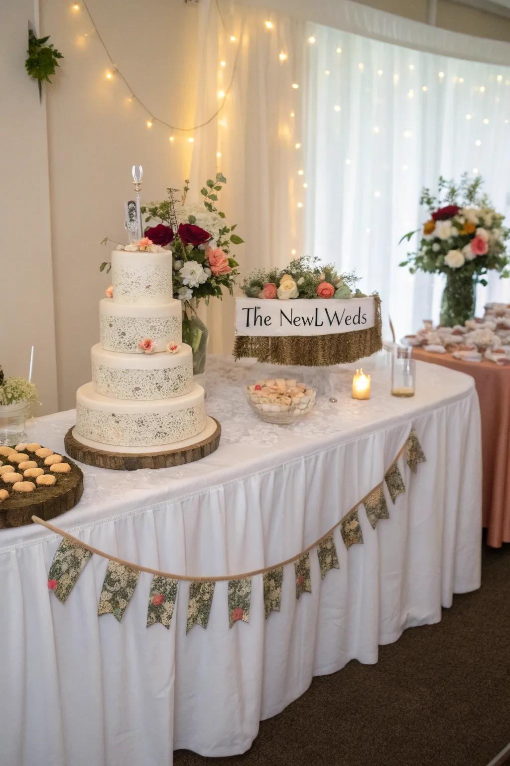 A personalized sign imparting charm to the wedding cake display.