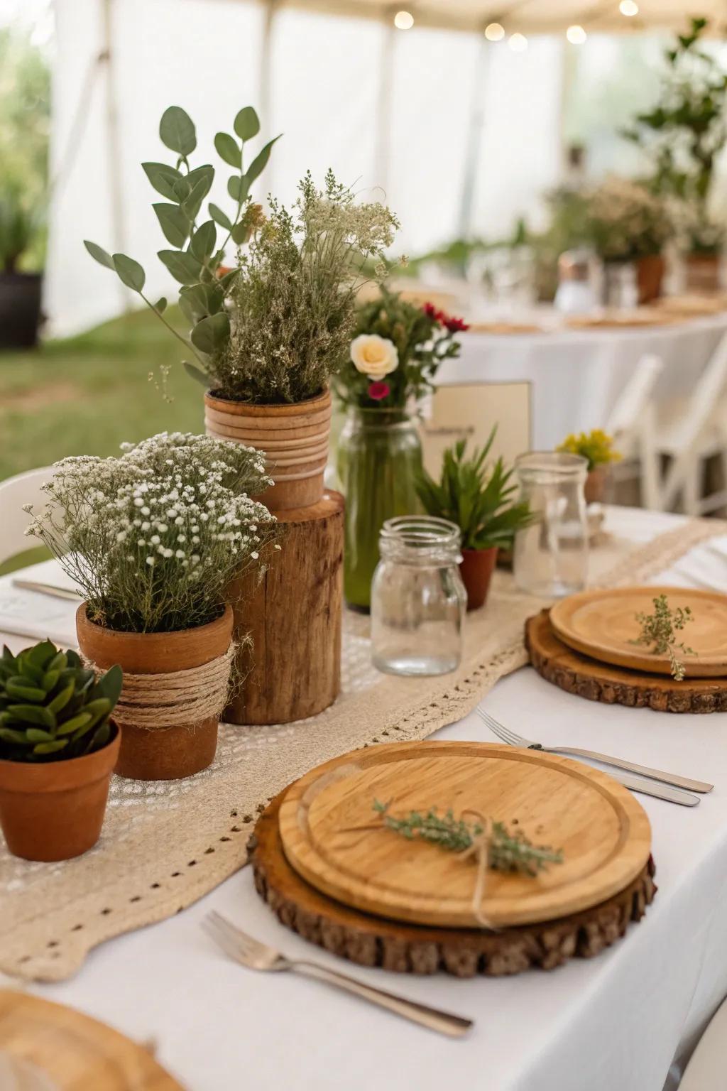 Eco-conscious styling through potted verdure for a sustainable wedding.