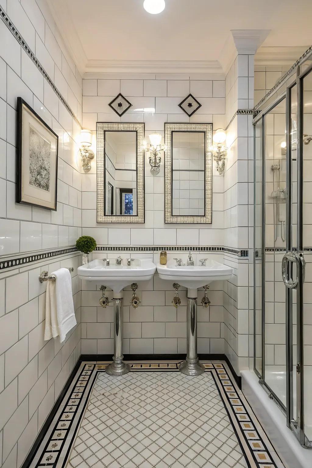 Art Deco flair adds vintage glamour to white tiles.