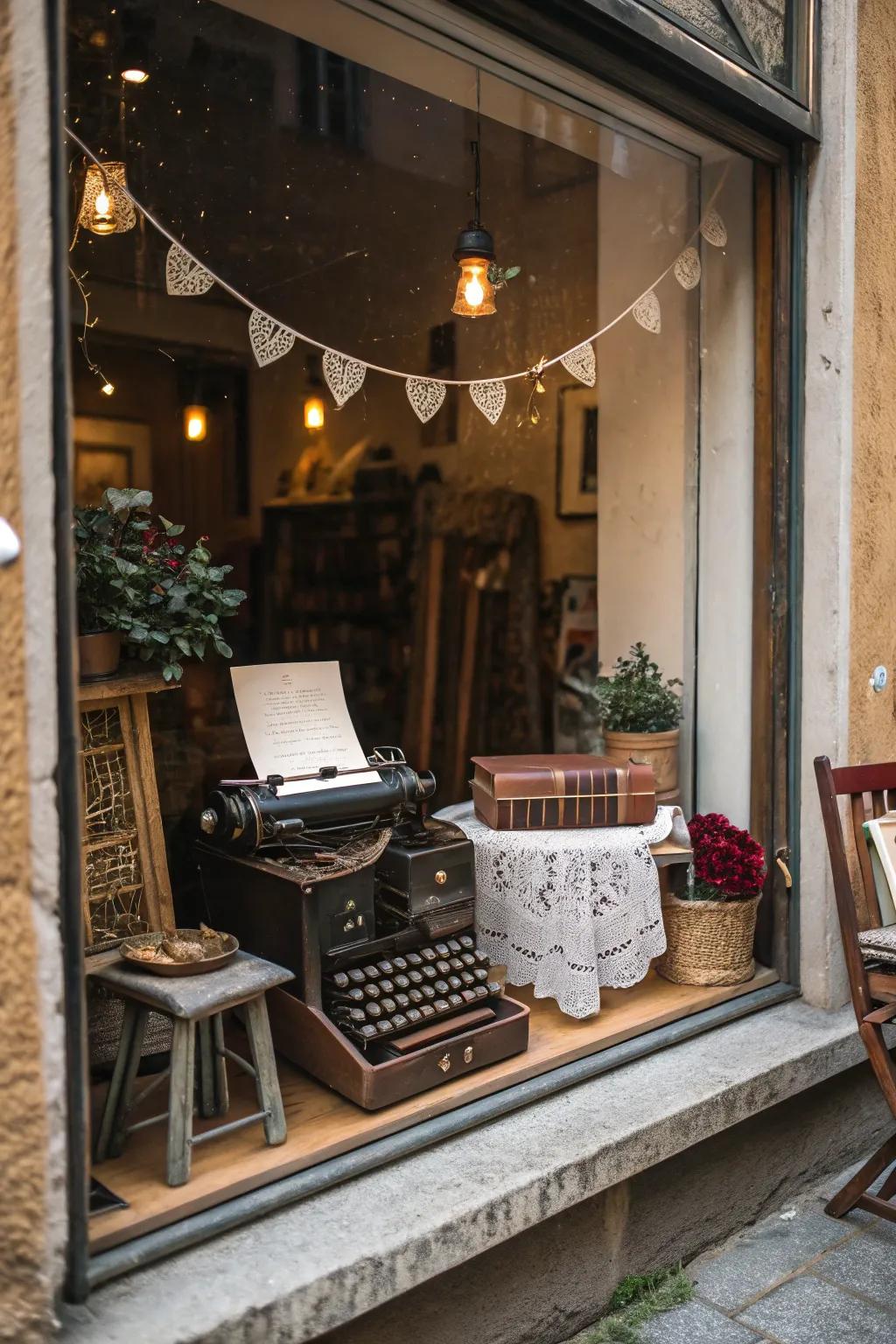 Vintage elements add nostalgic charm to this window display.
