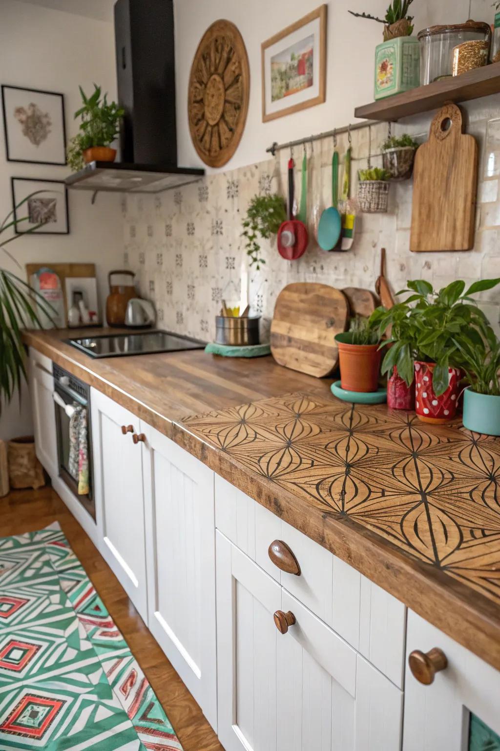 Patterned timber counters delivering a distinctive and playful aesthetic.