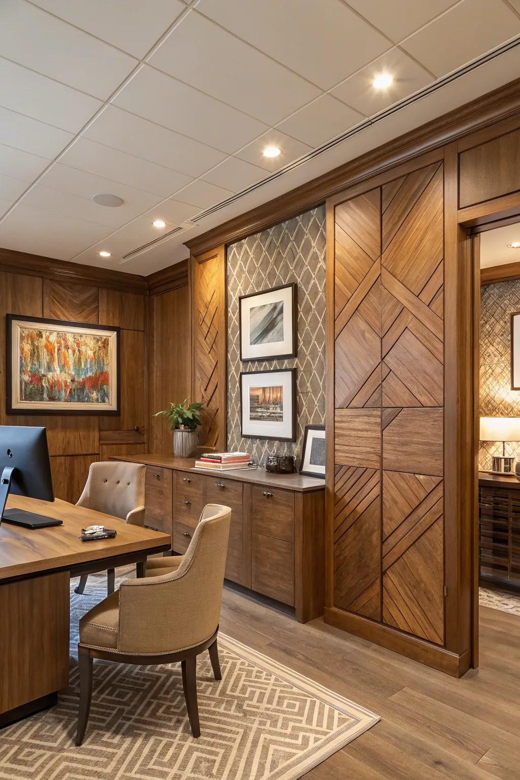 Layered textures on panels create a rich, dynamic space.