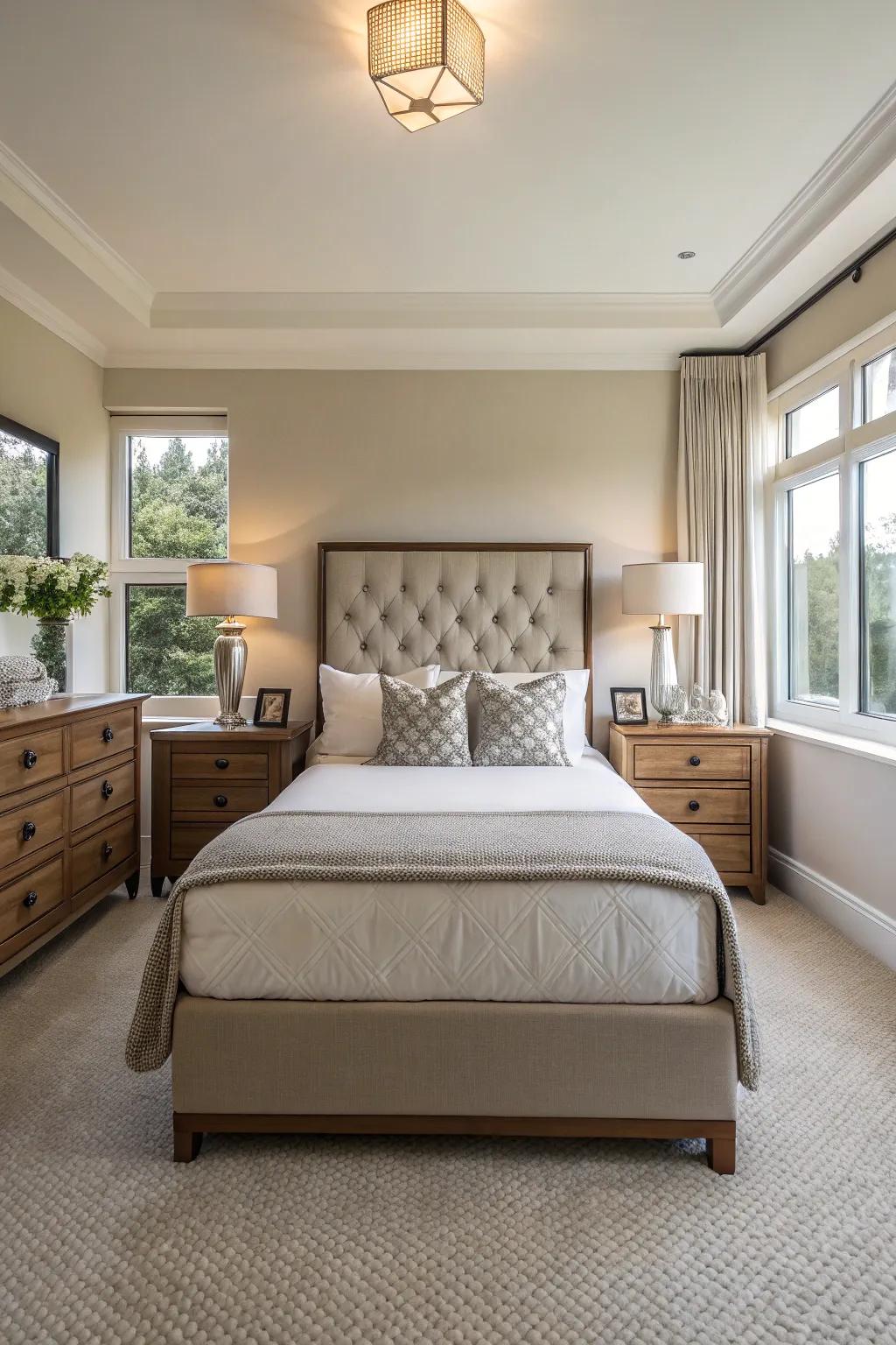 Symmetrical design conveys balance and order to this bedroom.