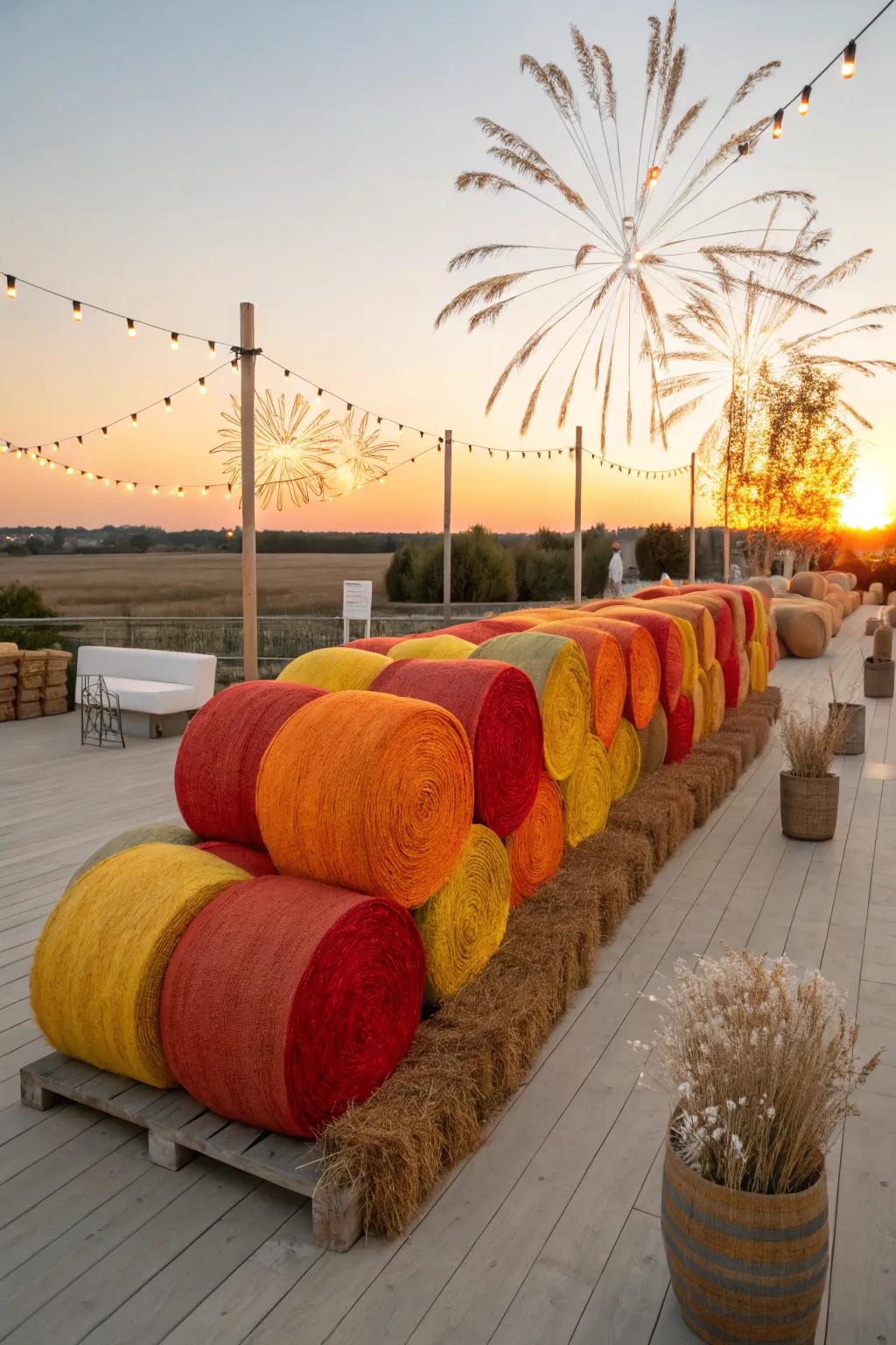 Celebrate creativity with hay bales that burst with color and excitement like a fireworks ambiance.