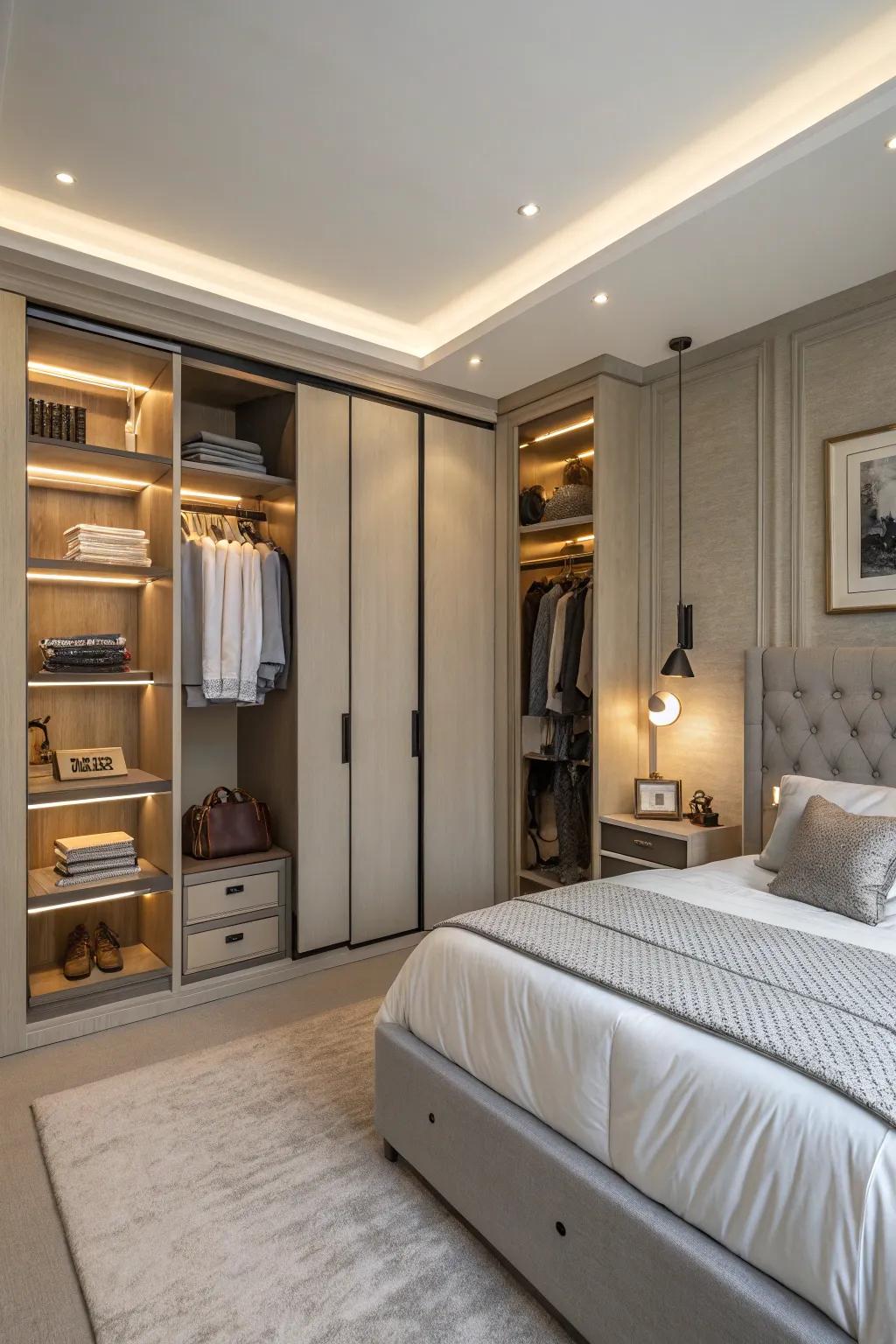 Concealed storage keeps this bedroom organized and clutter-free.
