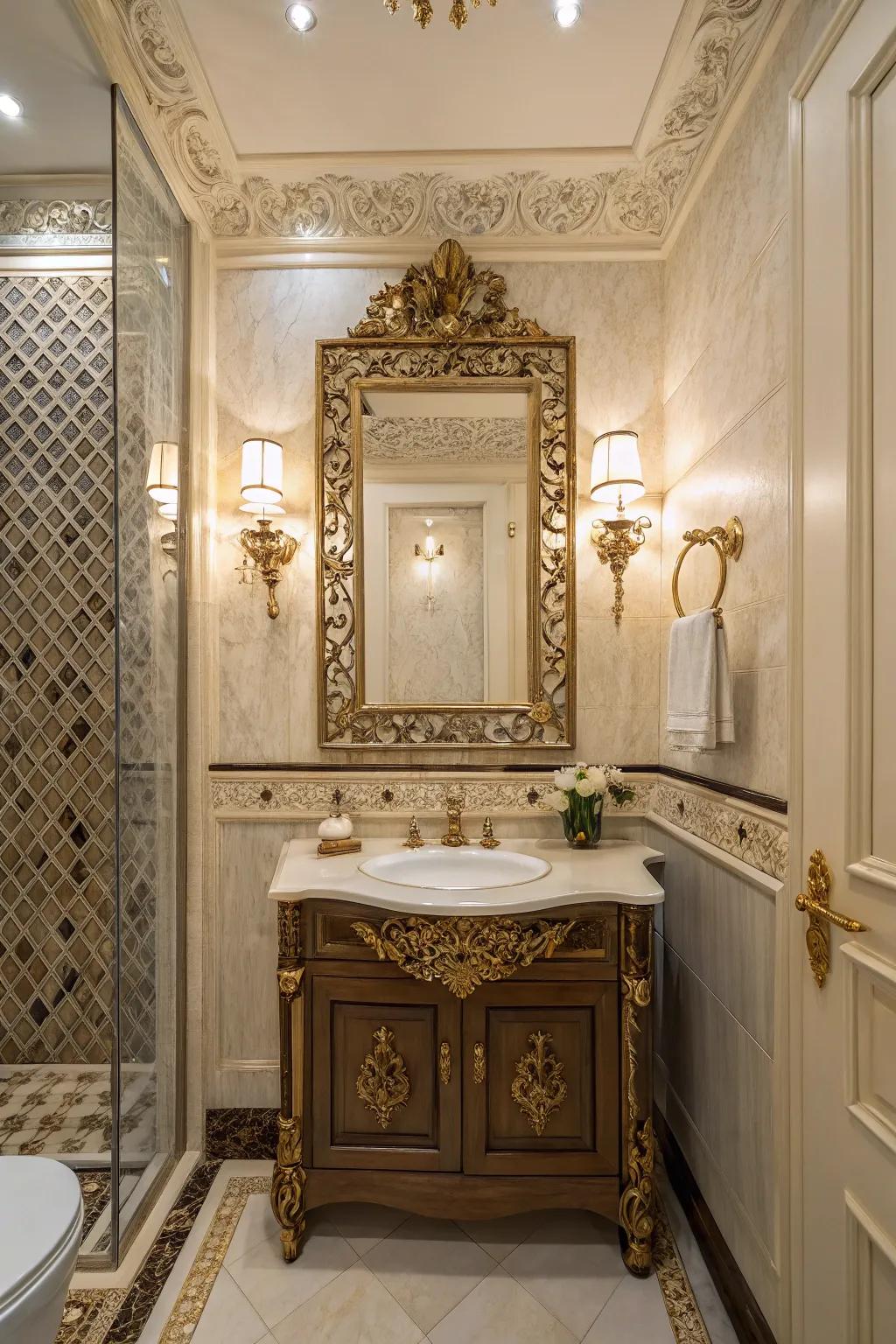 An ornate mirror enhances the sense of space in a half bath.