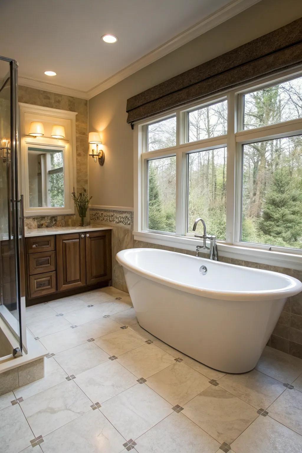 A standalone bathtub placed by a window to create a spa-like retreat.
