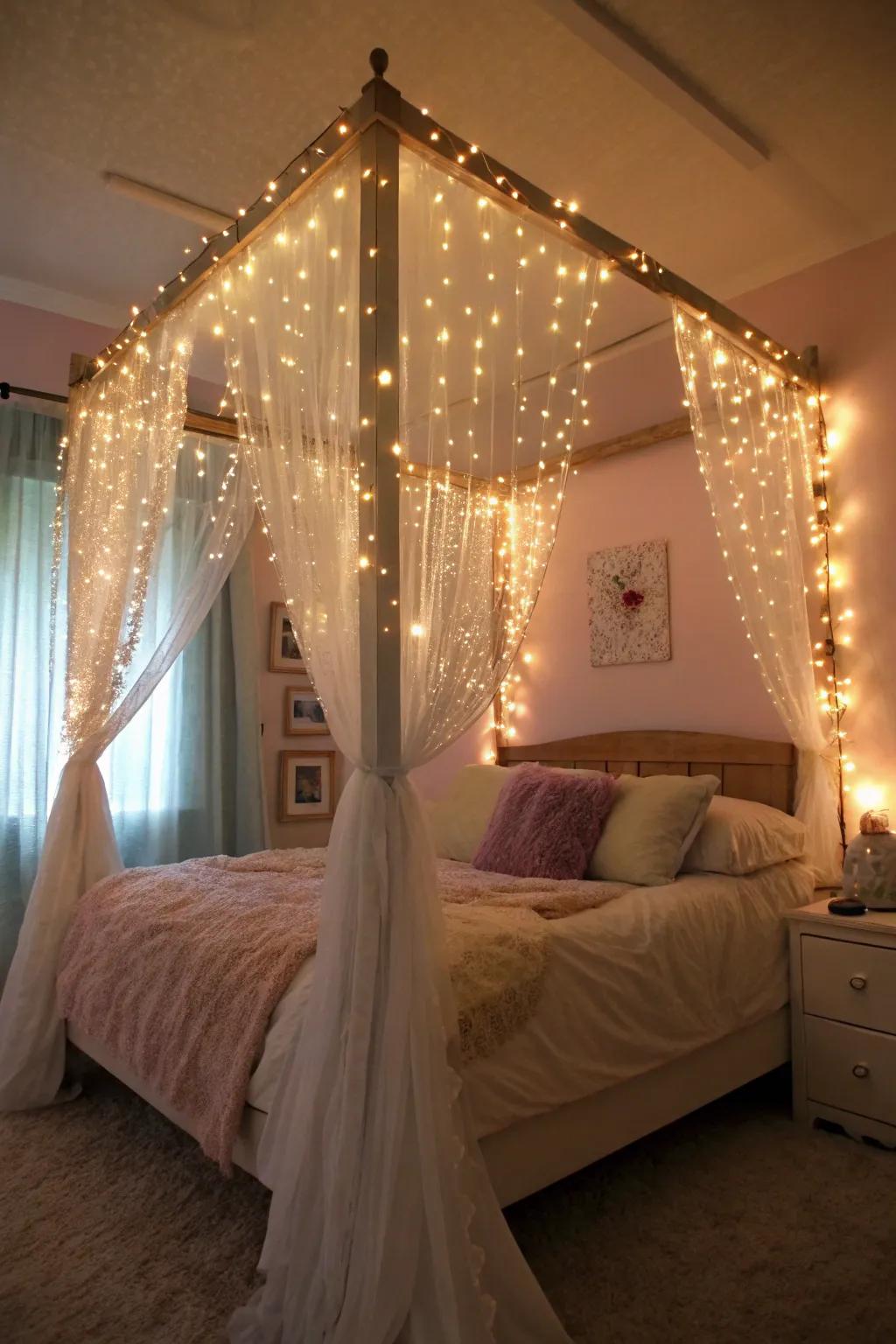 Fairy string lights adding warmth and charm to a canopy bed.