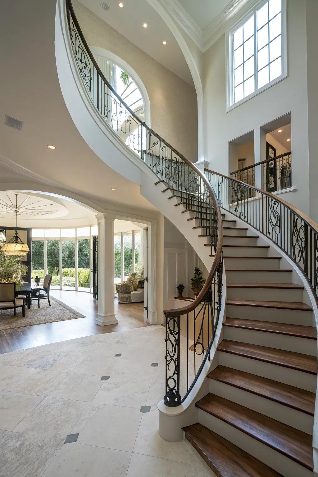 An impressive staircase design enhances the architectural charm of the entryway.
