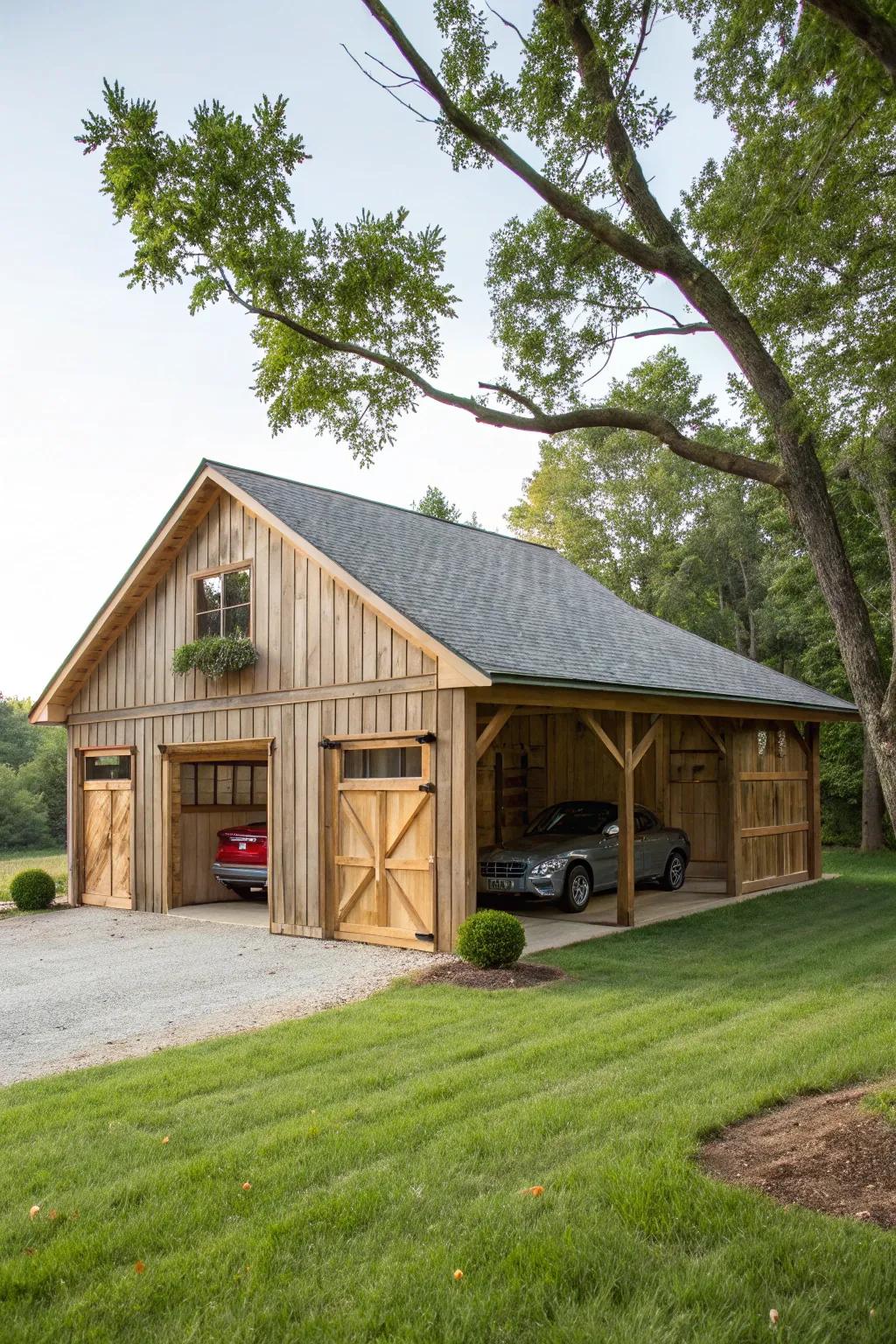Rustic charm with a barn-style three-car garage.