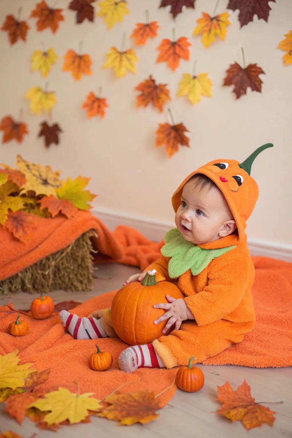 An adorable pumpkin costume, capturing the essence of your little one's first Halloween.
