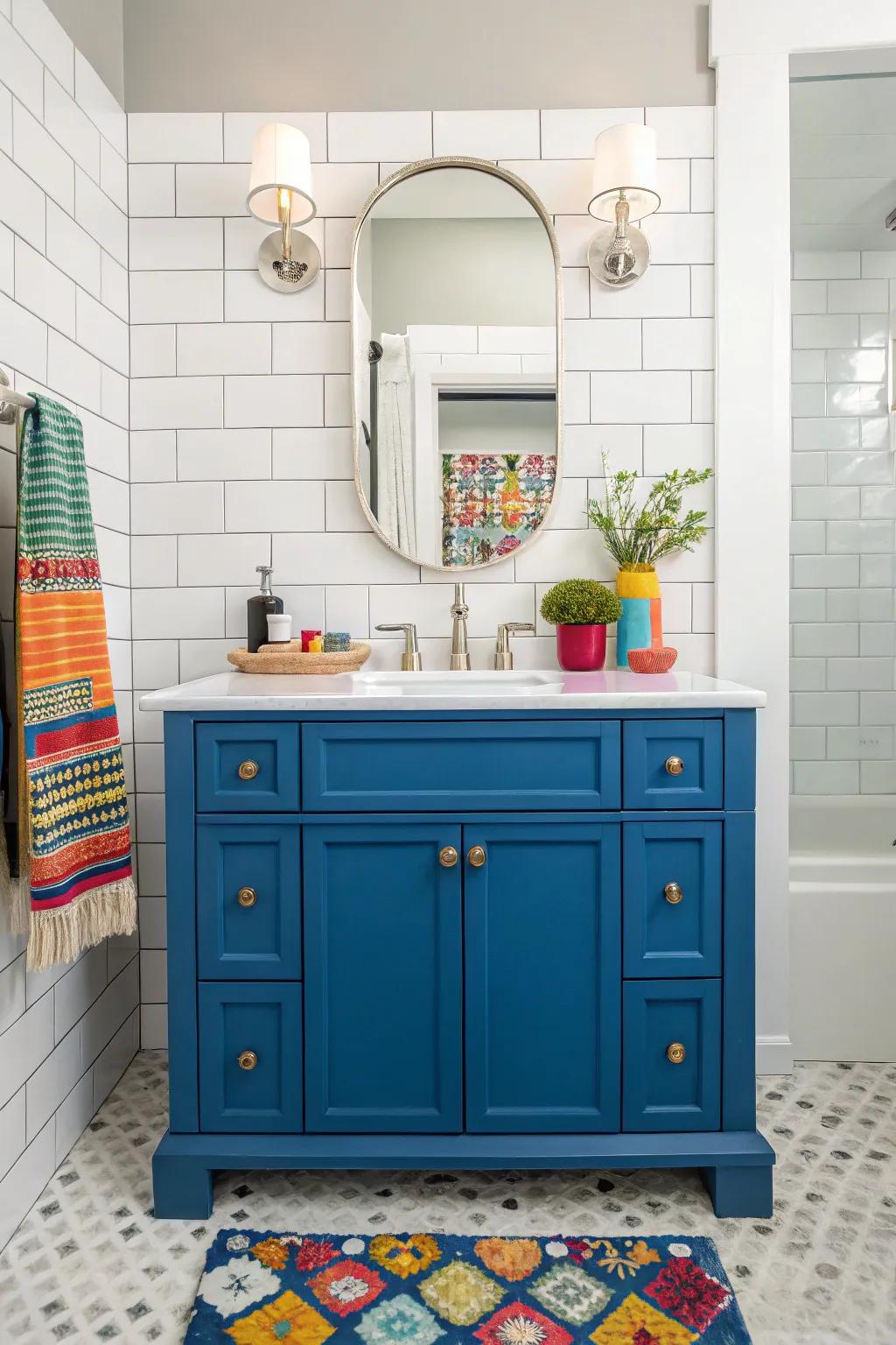 Create impact using a striking blue vanity.