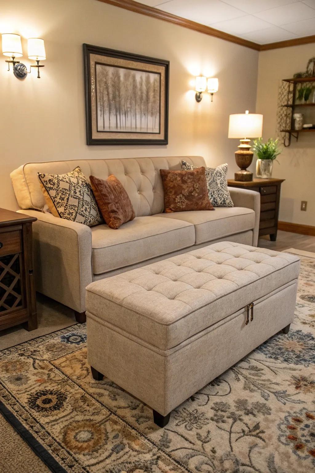 A sofa bed and storage ottoman add functionality to the living room.