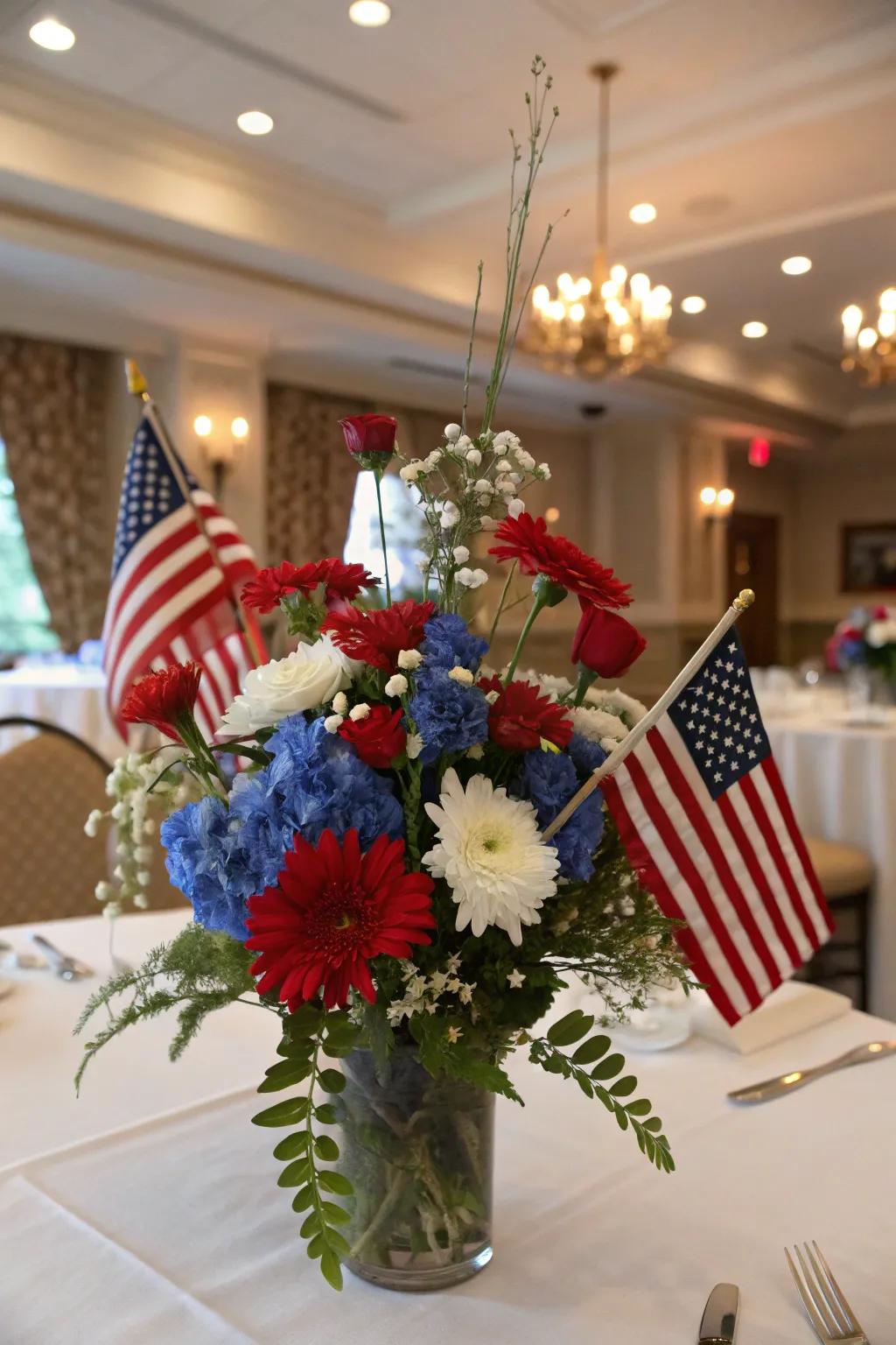 Floral focal points featuring flags append patriotic flair to your table.