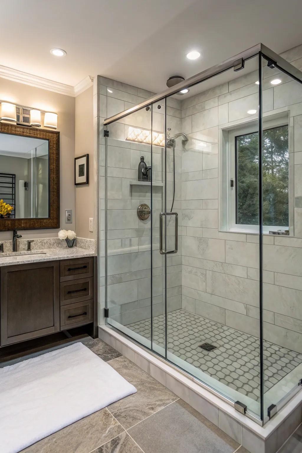 A frameless glass door elevates the sense of space in a small shower.