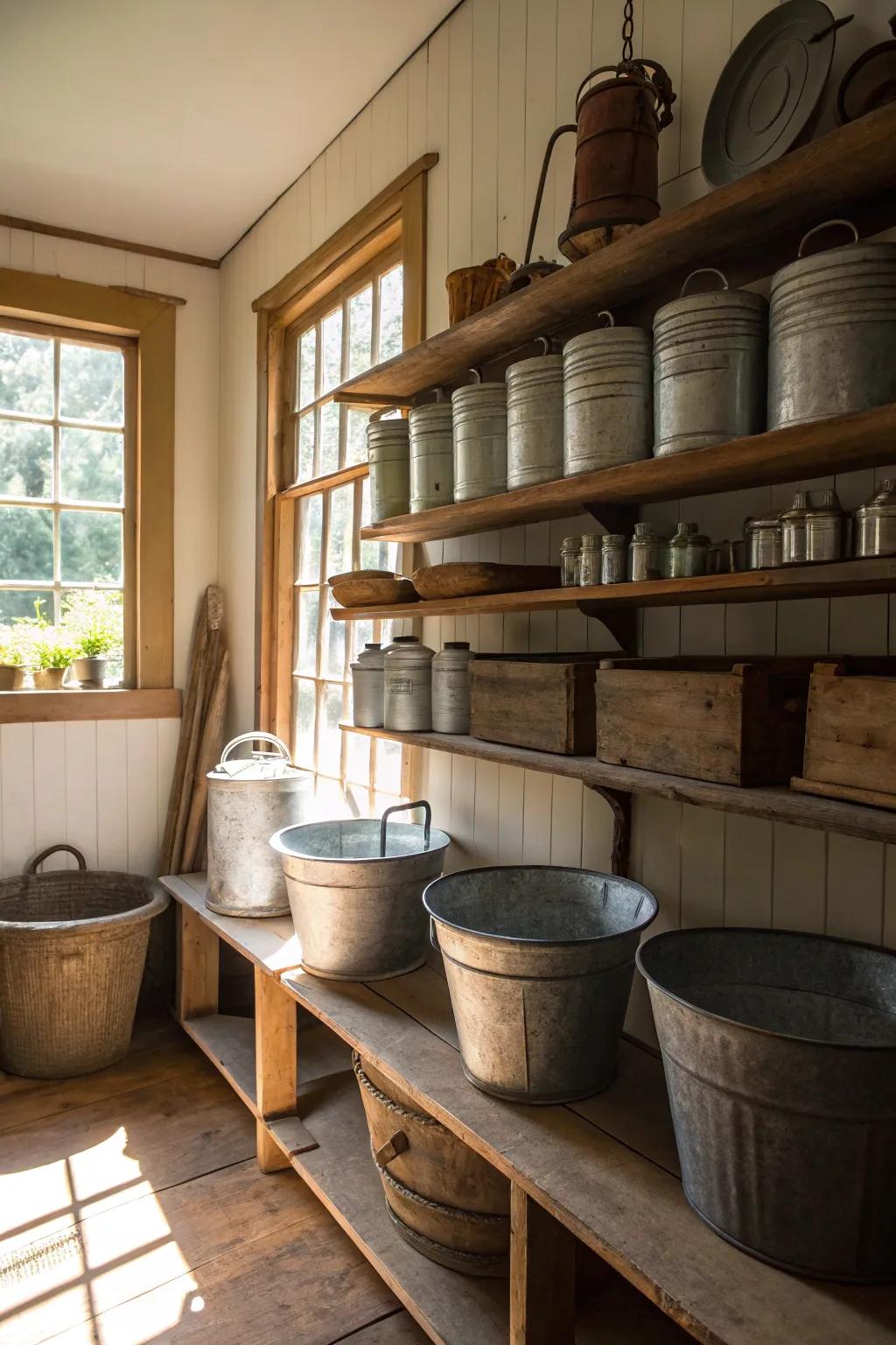 Time-honored containers add rustic appeal to innovative water storage methods.
