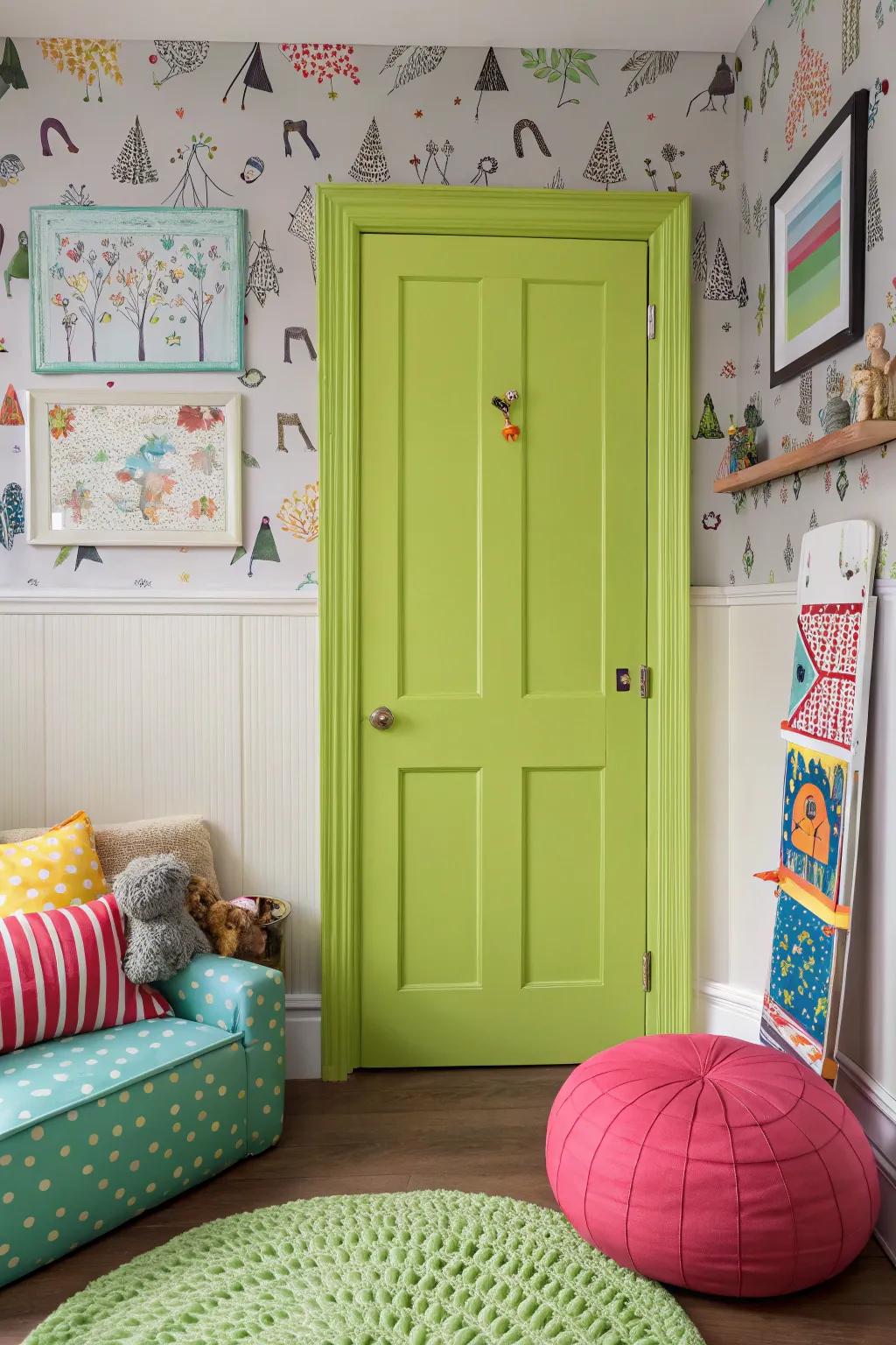 A lime green 6-panel door adds a playful kick to this vibrant room.