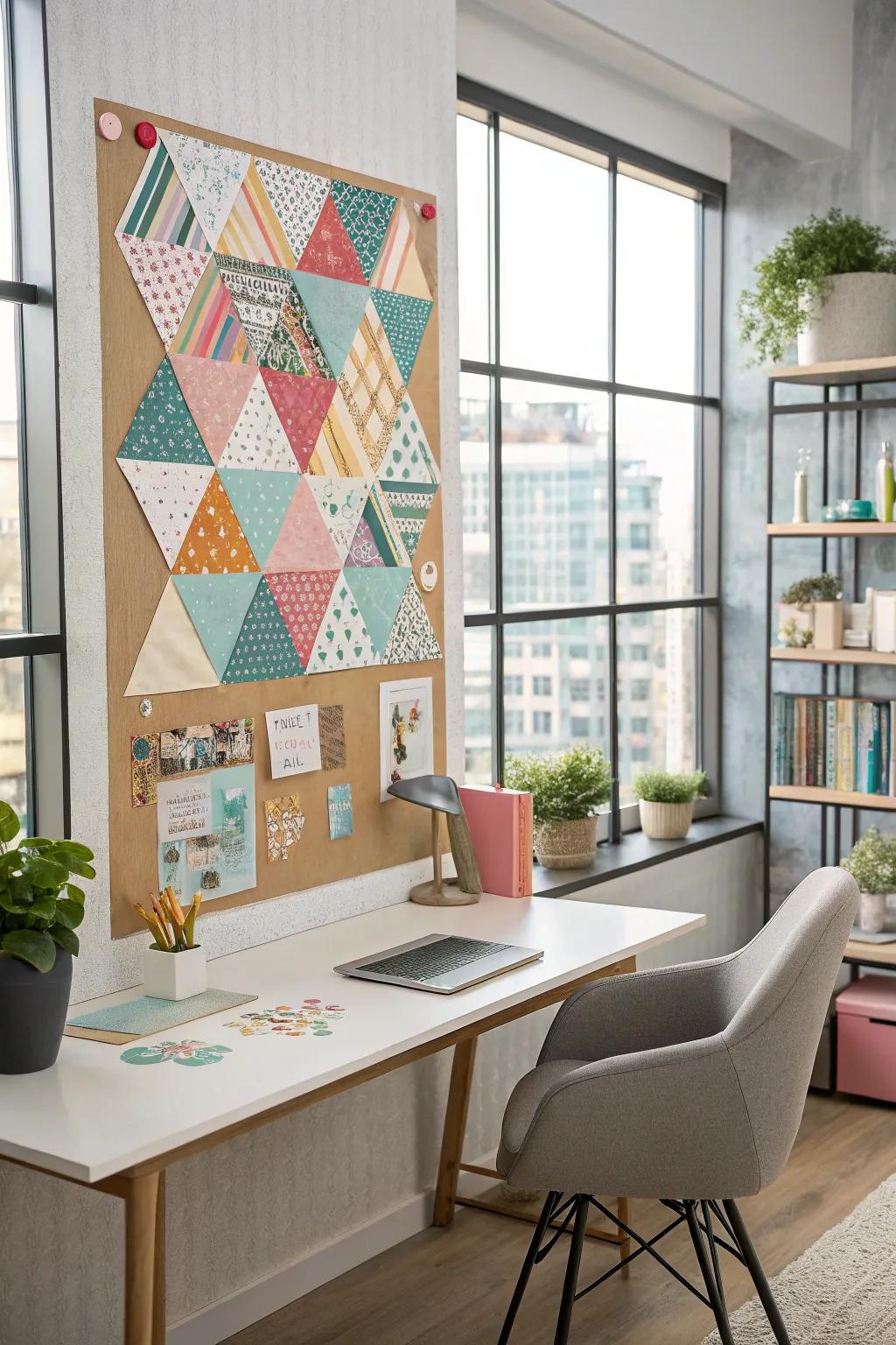 Angular designs adorning a pinboard, crafted with radiant craft tape.