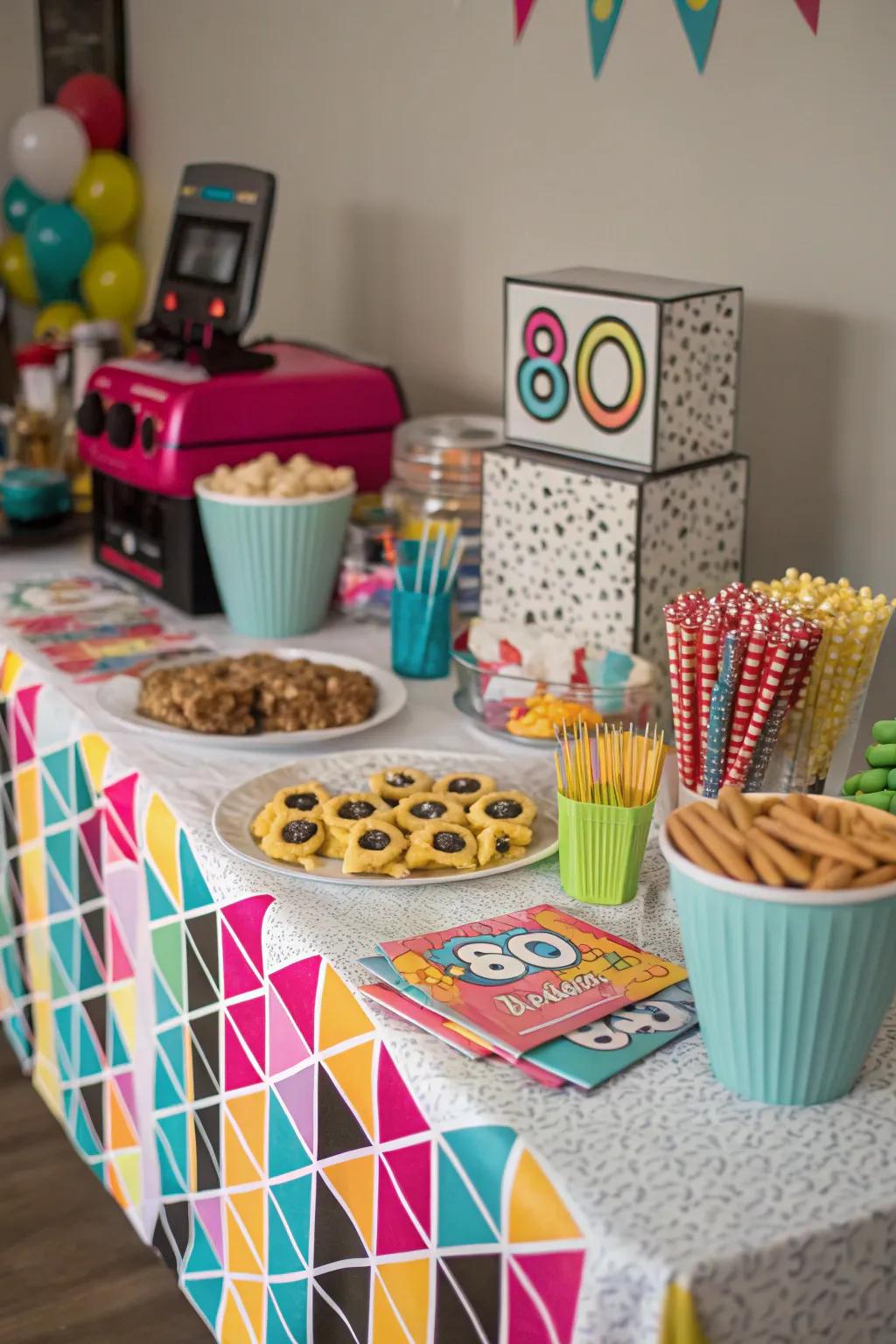 Geometric patterns on tablecloths bring the 80s aesthetic to life.