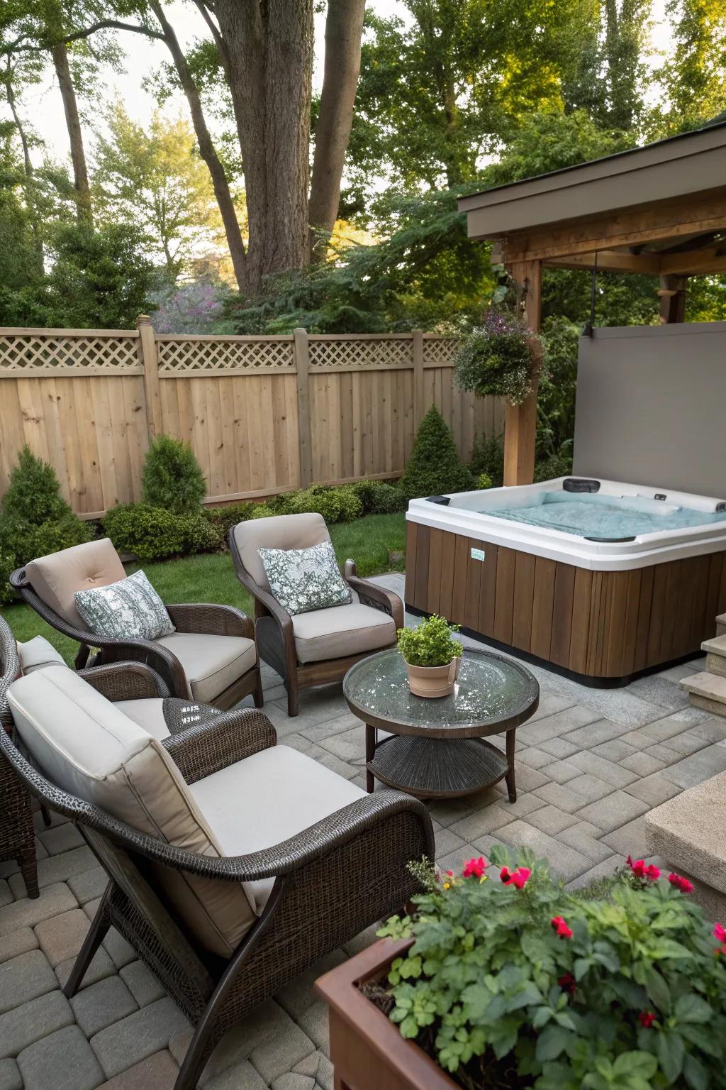 Create a cozy spot for relaxation with comfortable seating around your hot tub.