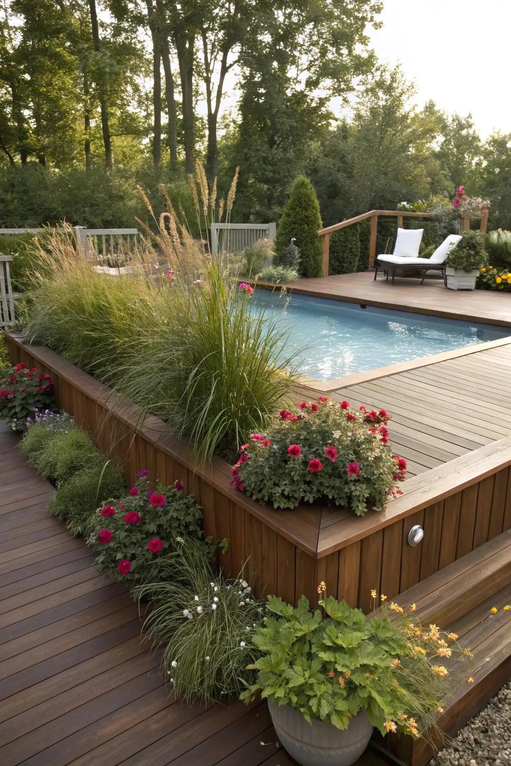 Transform your above-ground pool deck into a tranquil oasis with budget-friendly plant life and skilled craftsmanship.