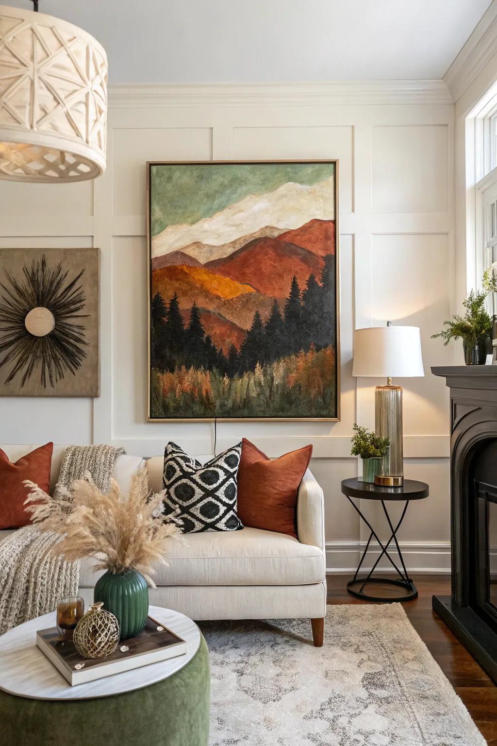 A balanced aesthetic is achieved through contrasting colors and natural tones.