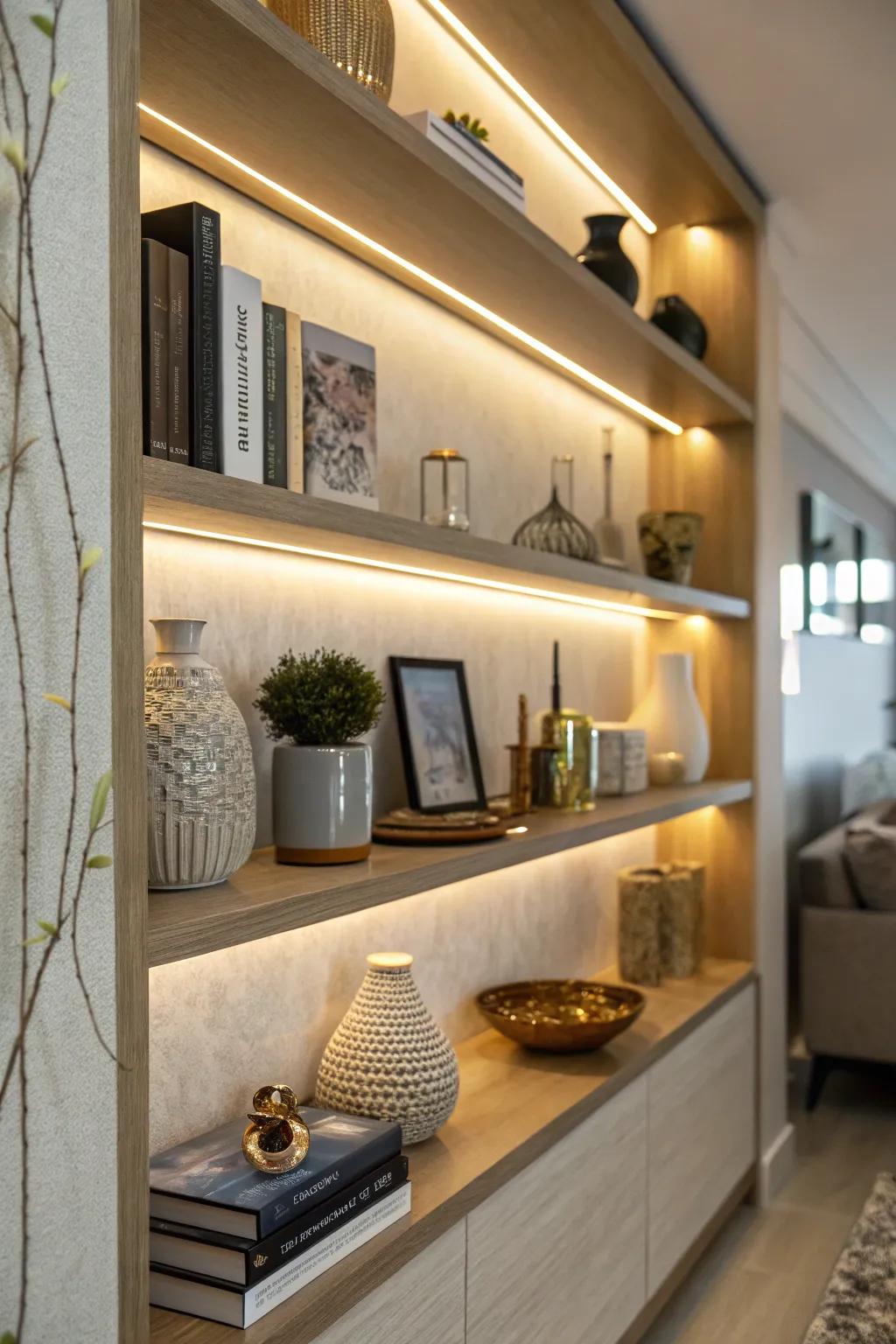 LED strips under shelves bring decor to life.