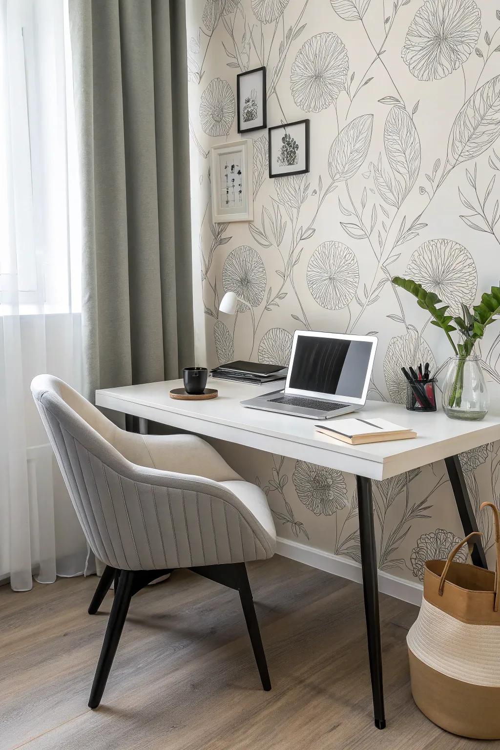 Minimalist wallpaper adds a hint of style while boosting focus in a home office.