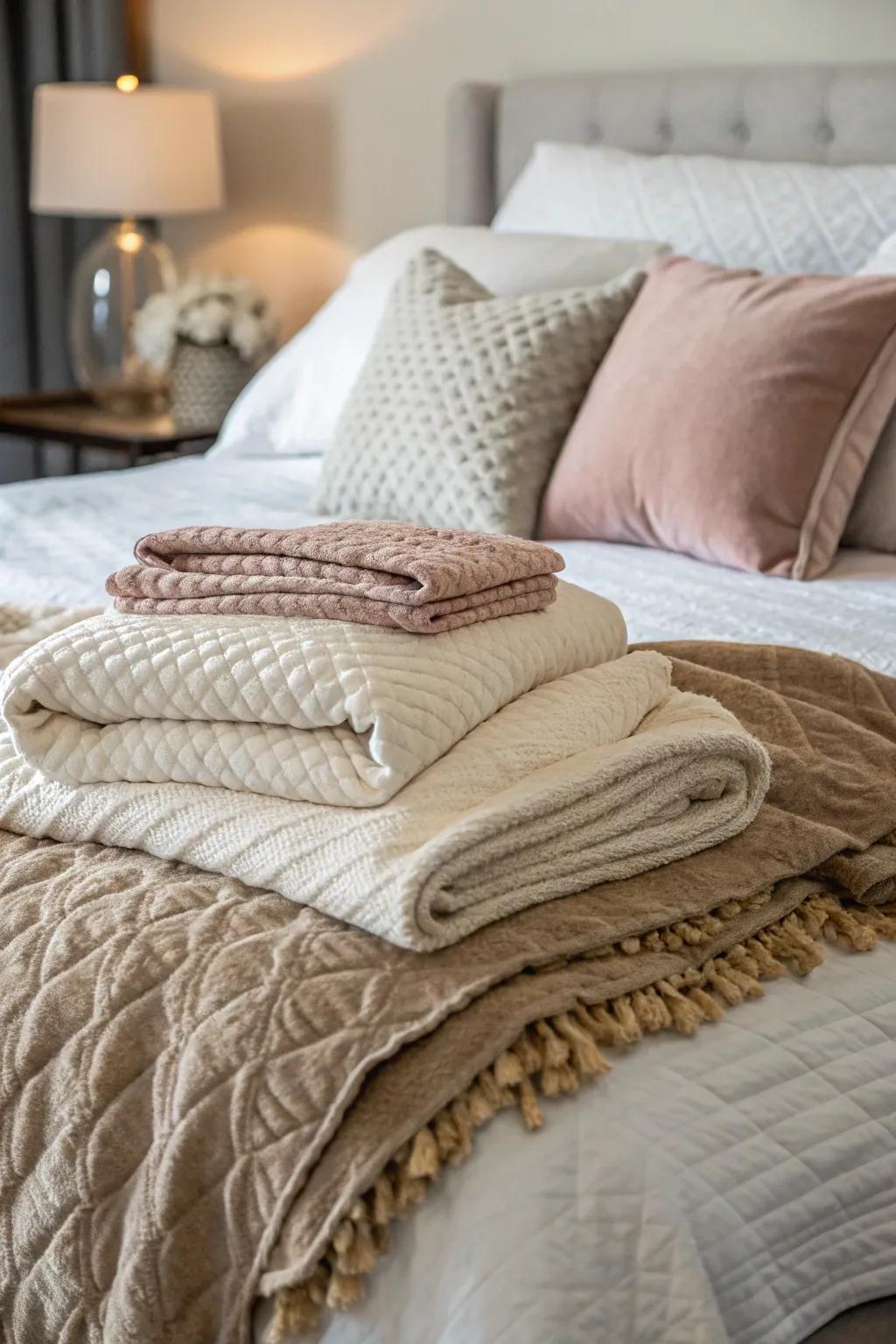 Layered bedding with soft textures creates a cozy retreat.