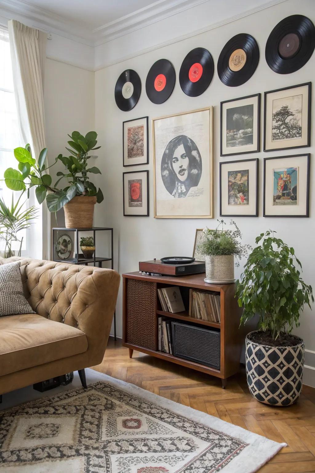 Vinyl records paired with art and greenery for a warm, personal display.
