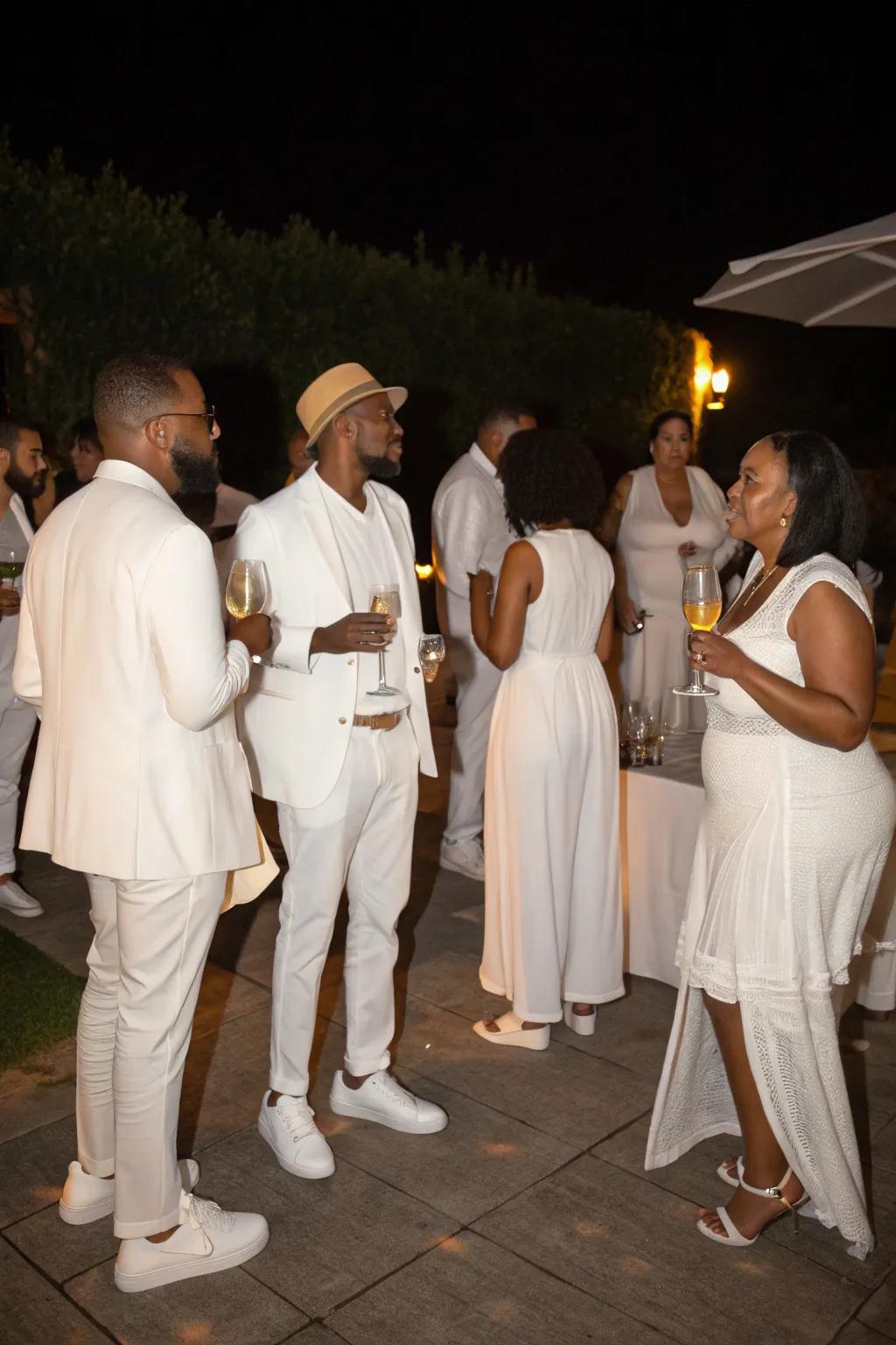 Guests in all-white fashion create a polished, unified look.