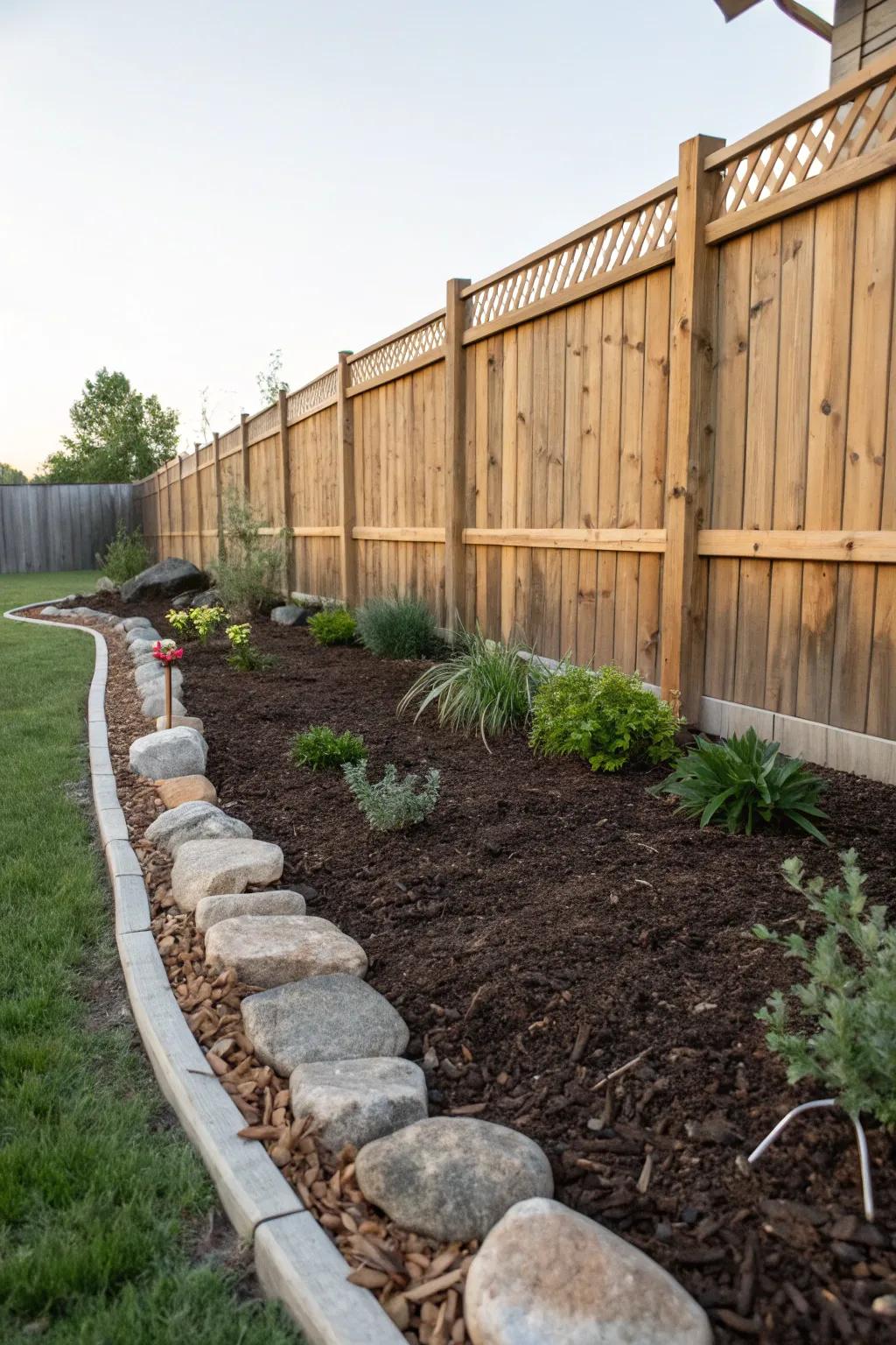 Fiber chips and borders elegantly define the garden area.