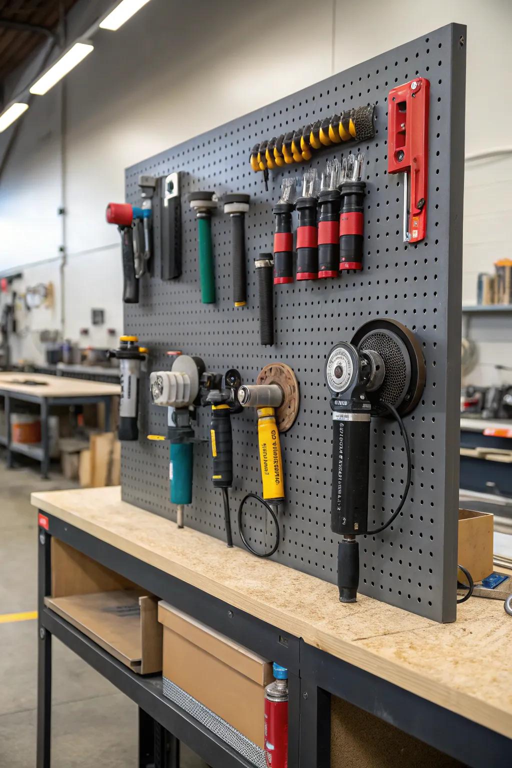 A pegboard setup with tailor-made hooks providing customizable organization for rotary sanders.