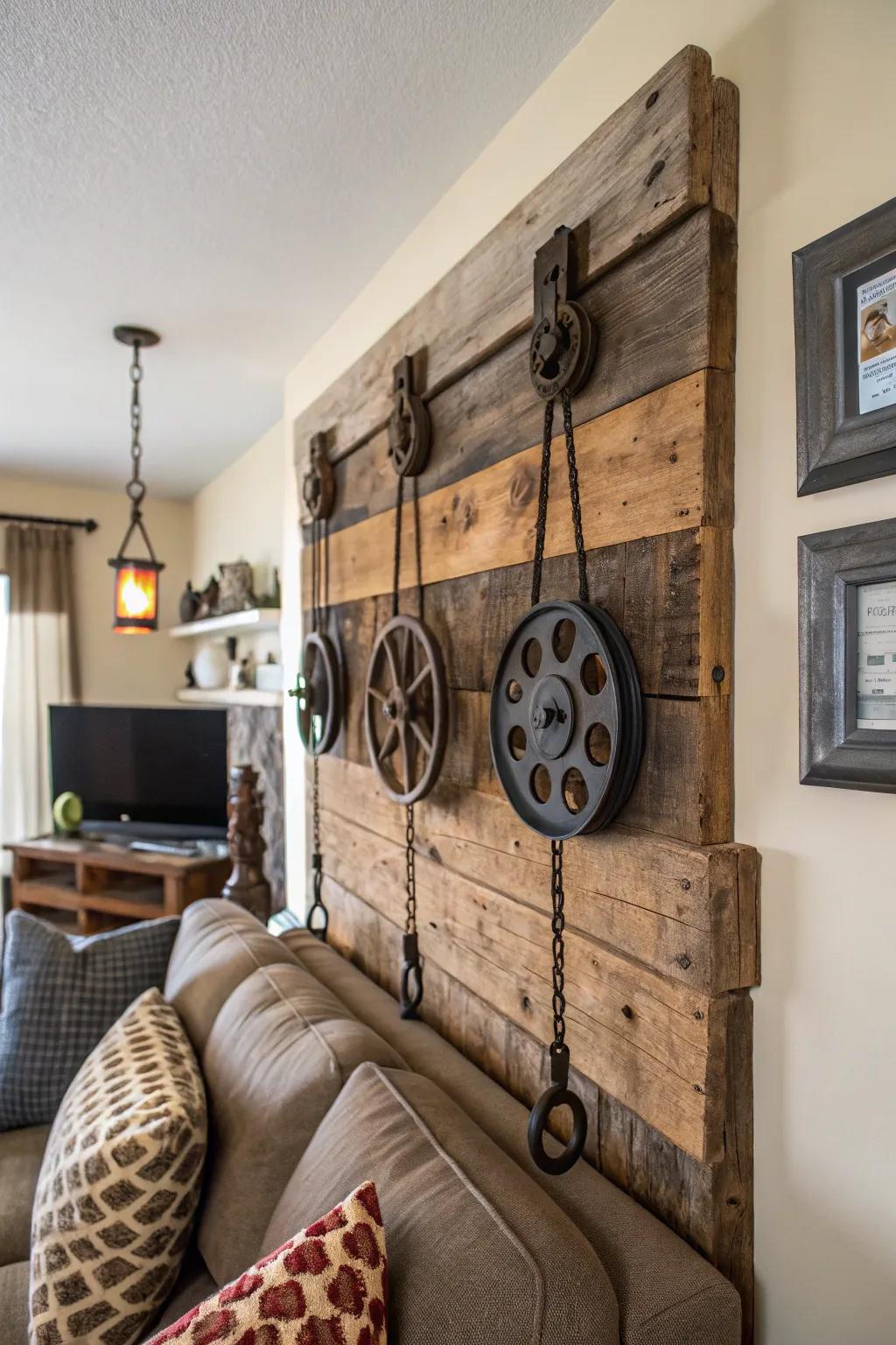 Old-fashioned pulleys crafted into engaging wall art.