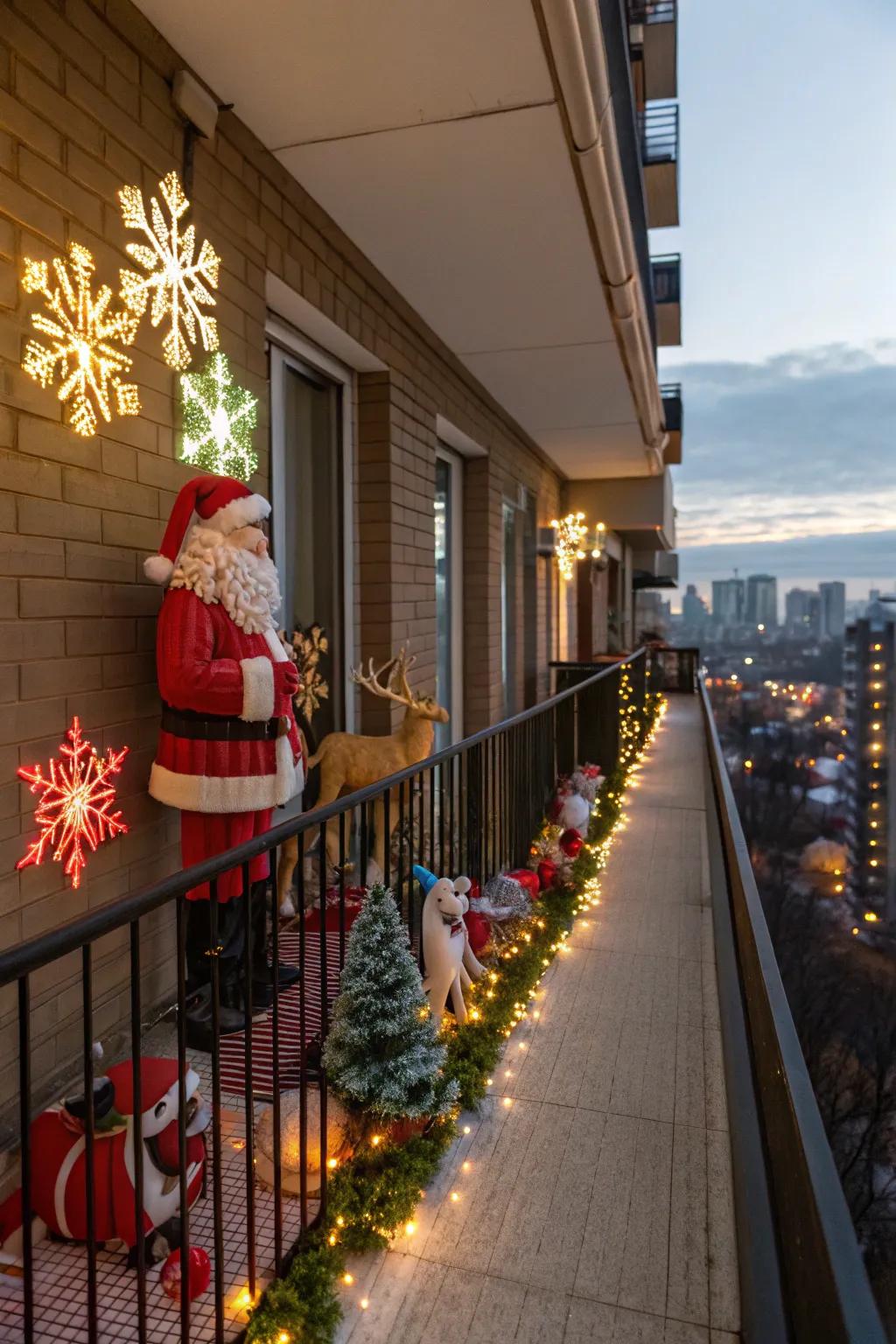 A St. Nick statuette imparts an amusing celebratory flair to this balcony.