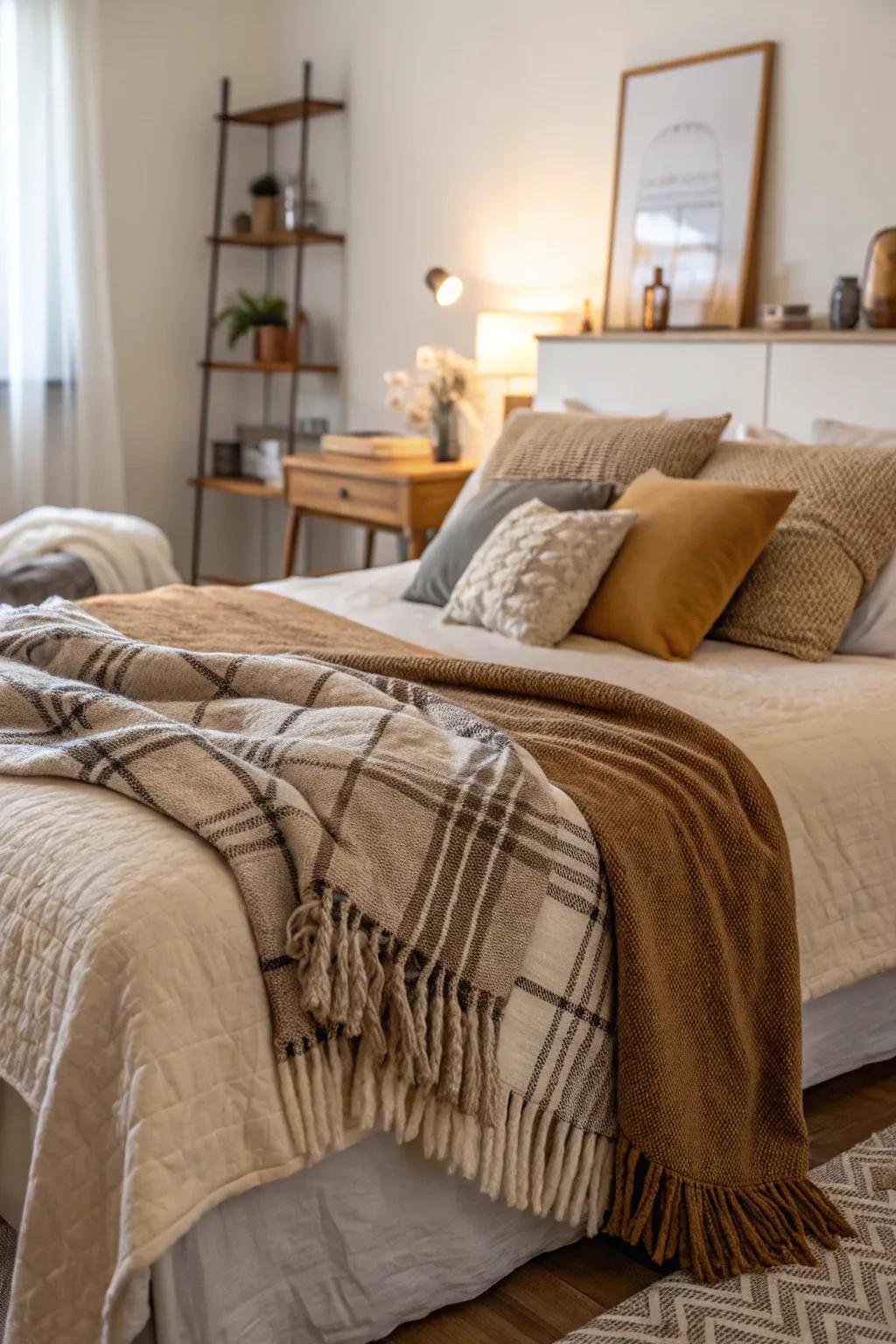 A cozy apartment bedroom enhanced by plush throws and pillows.