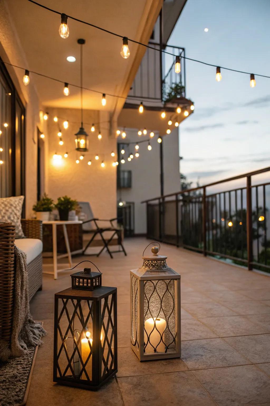 String lights and lanterns cast a cozy, inviting glow.