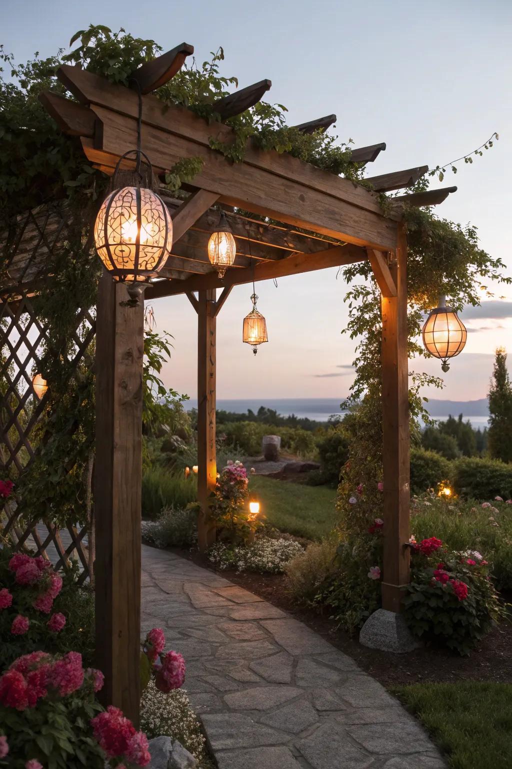 Vintage lanterns on a wooden arbor generate a magical evening ambiance.