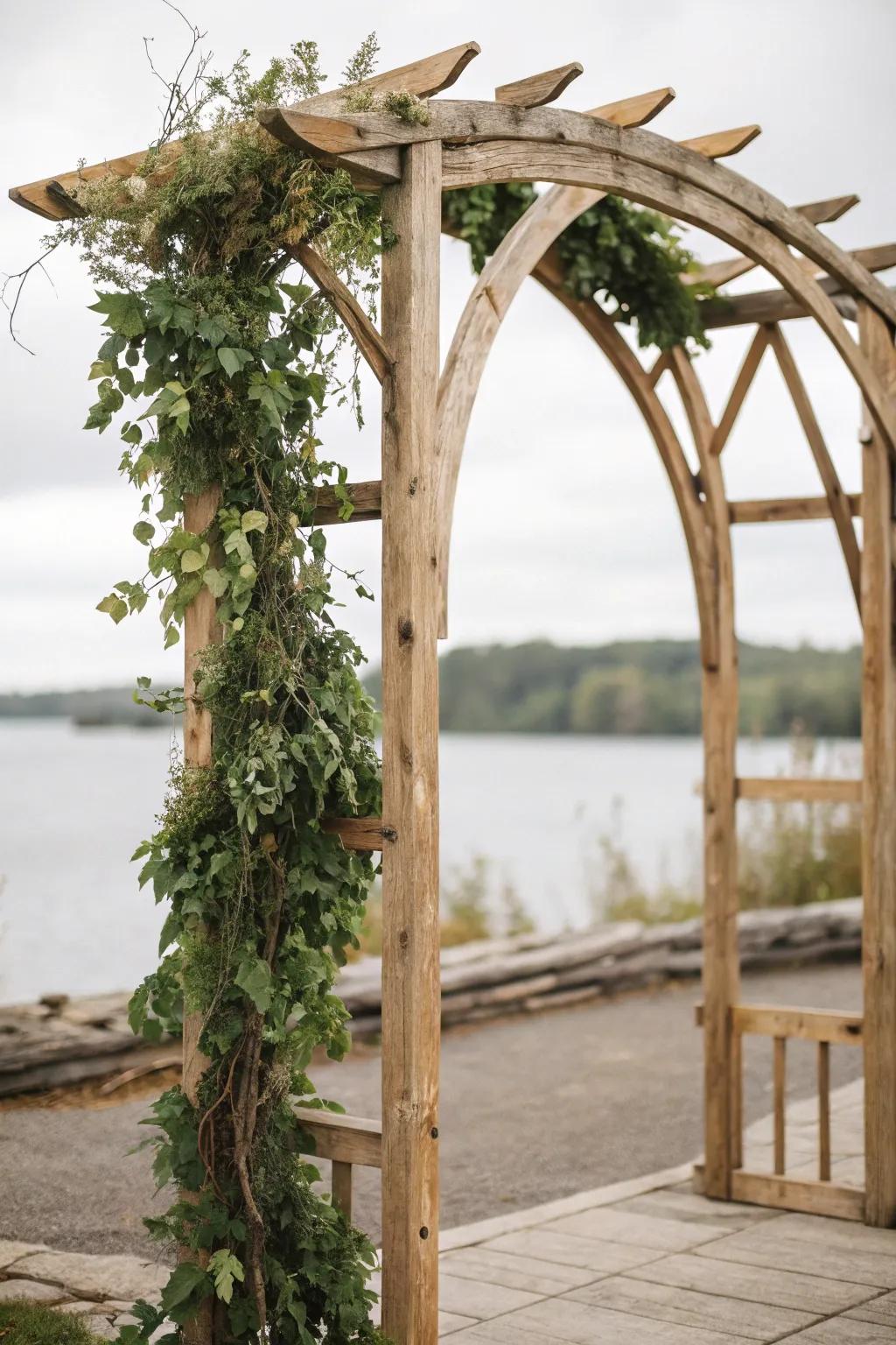 A countryside arch constructed from natural timber supports adorned with foliage.