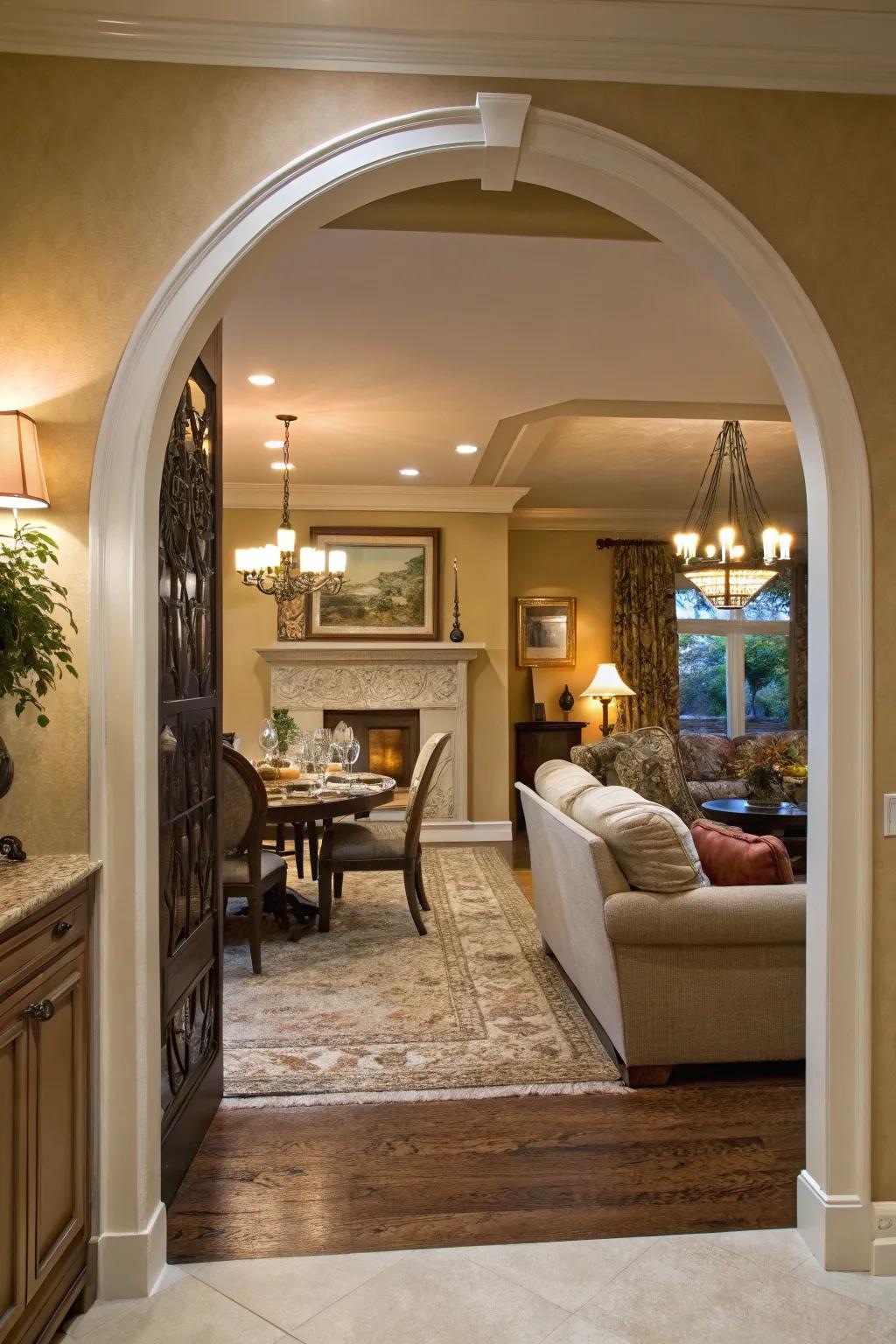 An archway door enabling a smooth flow between the living and dining spaces.