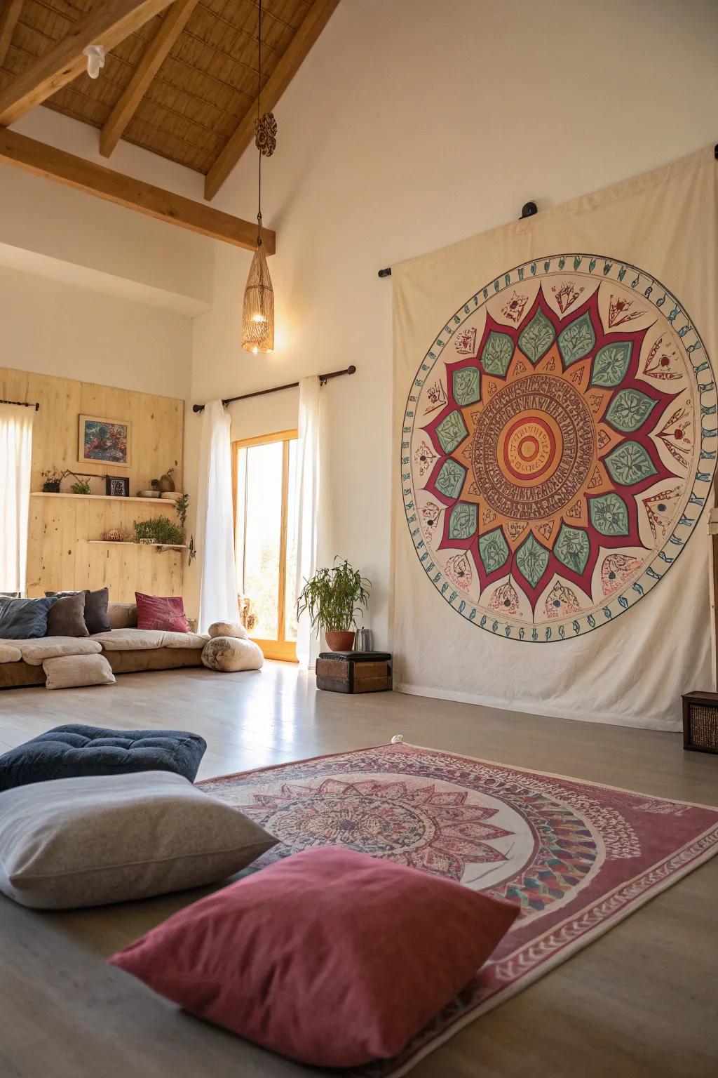 A studio embellished with a mandala art piece, fostering a tranquil and welcoming atmosphere.