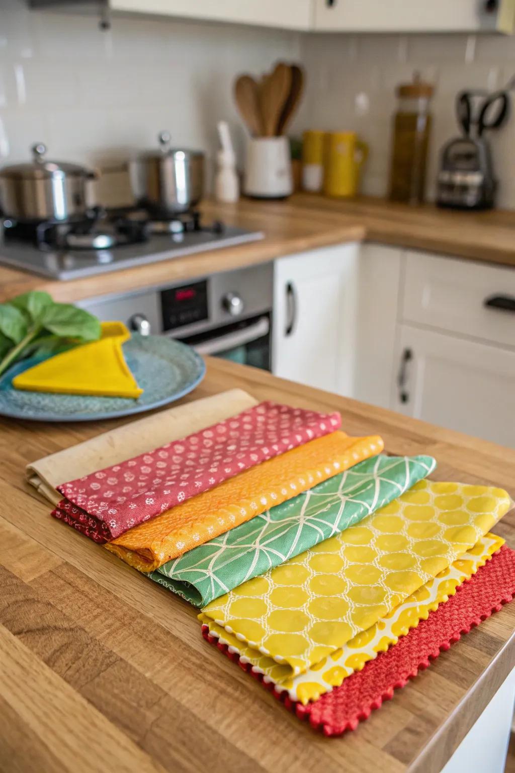 Sustainable waxed fabric covers in joyful designs, perfect for eco-friendly living.